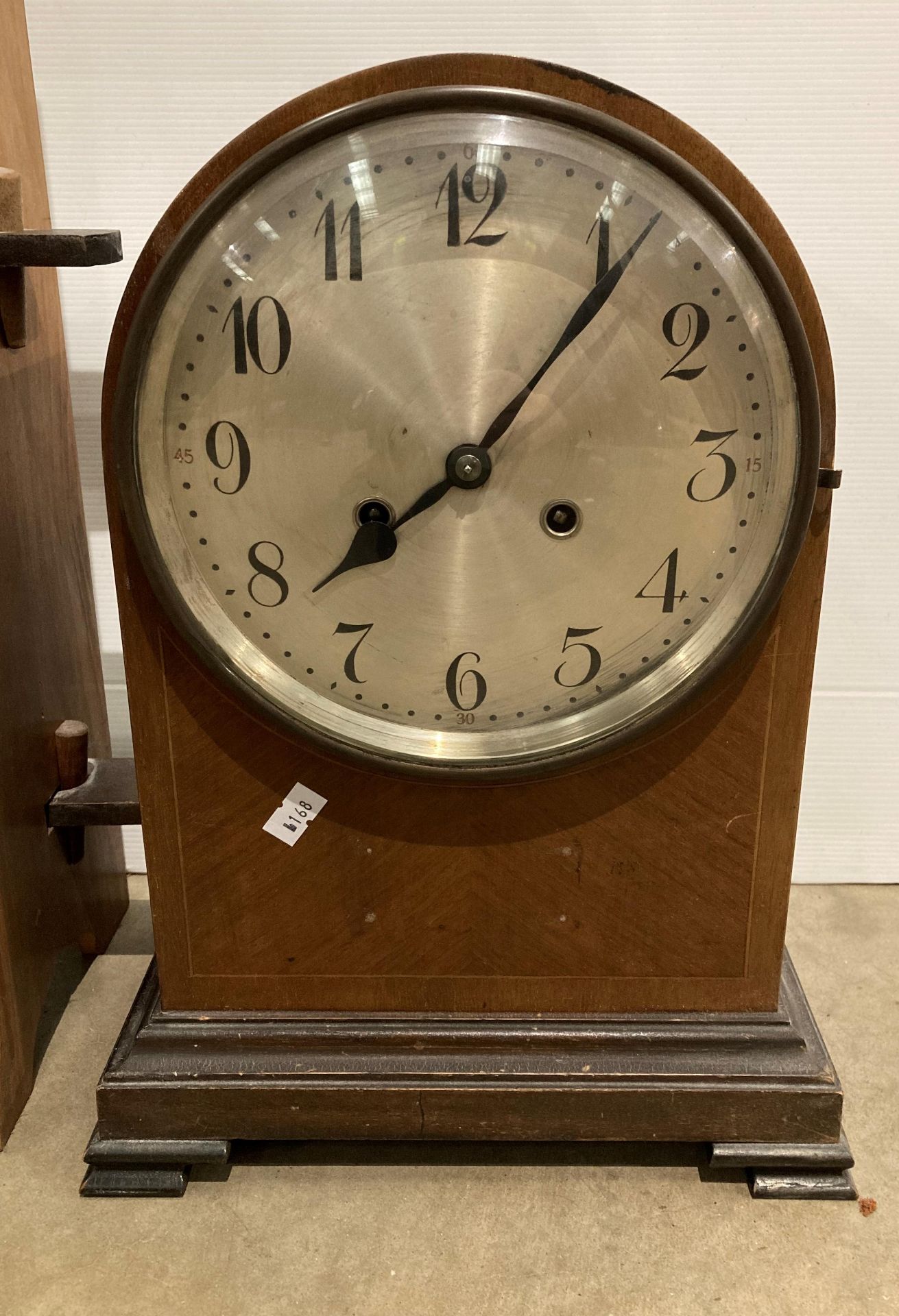 Two items - A line inlaid mahogany mantel clock with circular silvered face raised on bracket feet - Image 3 of 4