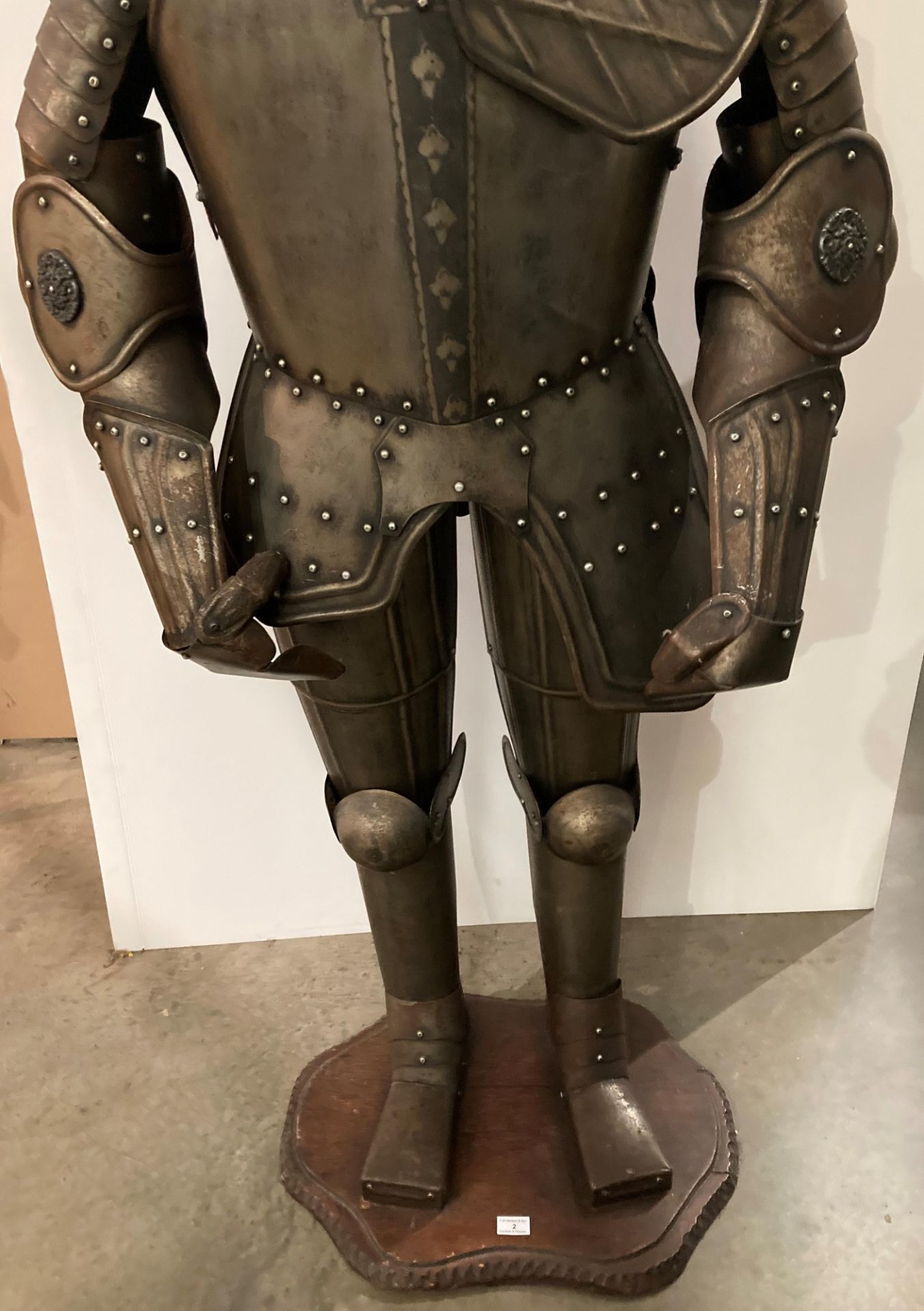 Metal reproduction full suit of armour on a mahogany frame with base, - Image 3 of 3