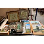 Contents to table top - Various small pictures & prints framed and unframed silks etc.