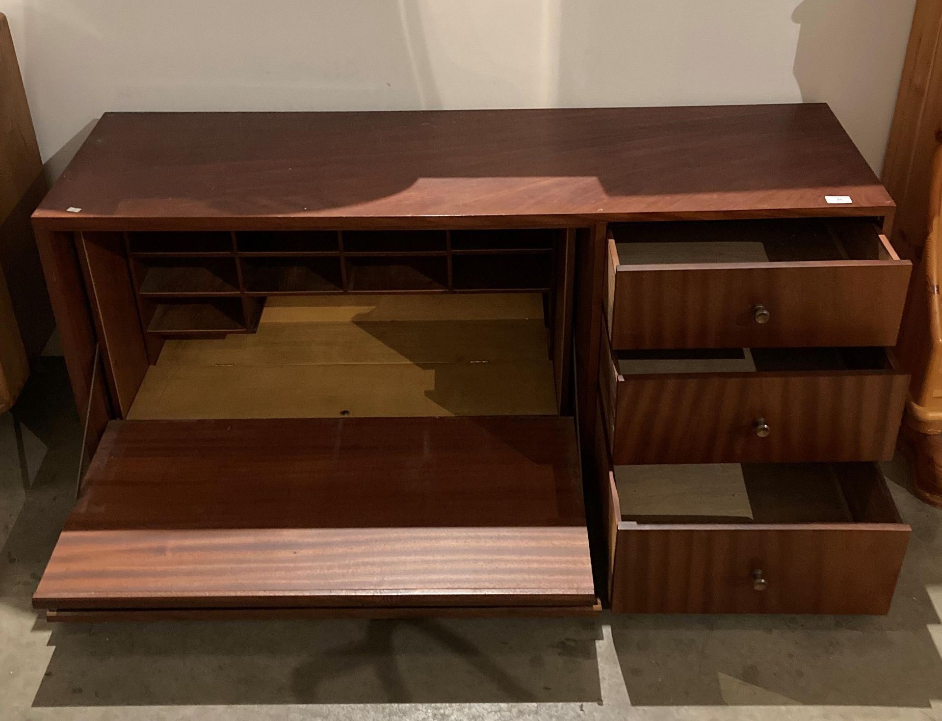 Mahogany finish wall unit comprising three drawers and fall front bureau section with writing slope, - Image 2 of 2