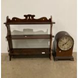 Two items - A line inlaid mahogany mantel clock with circular silvered face raised on bracket feet
