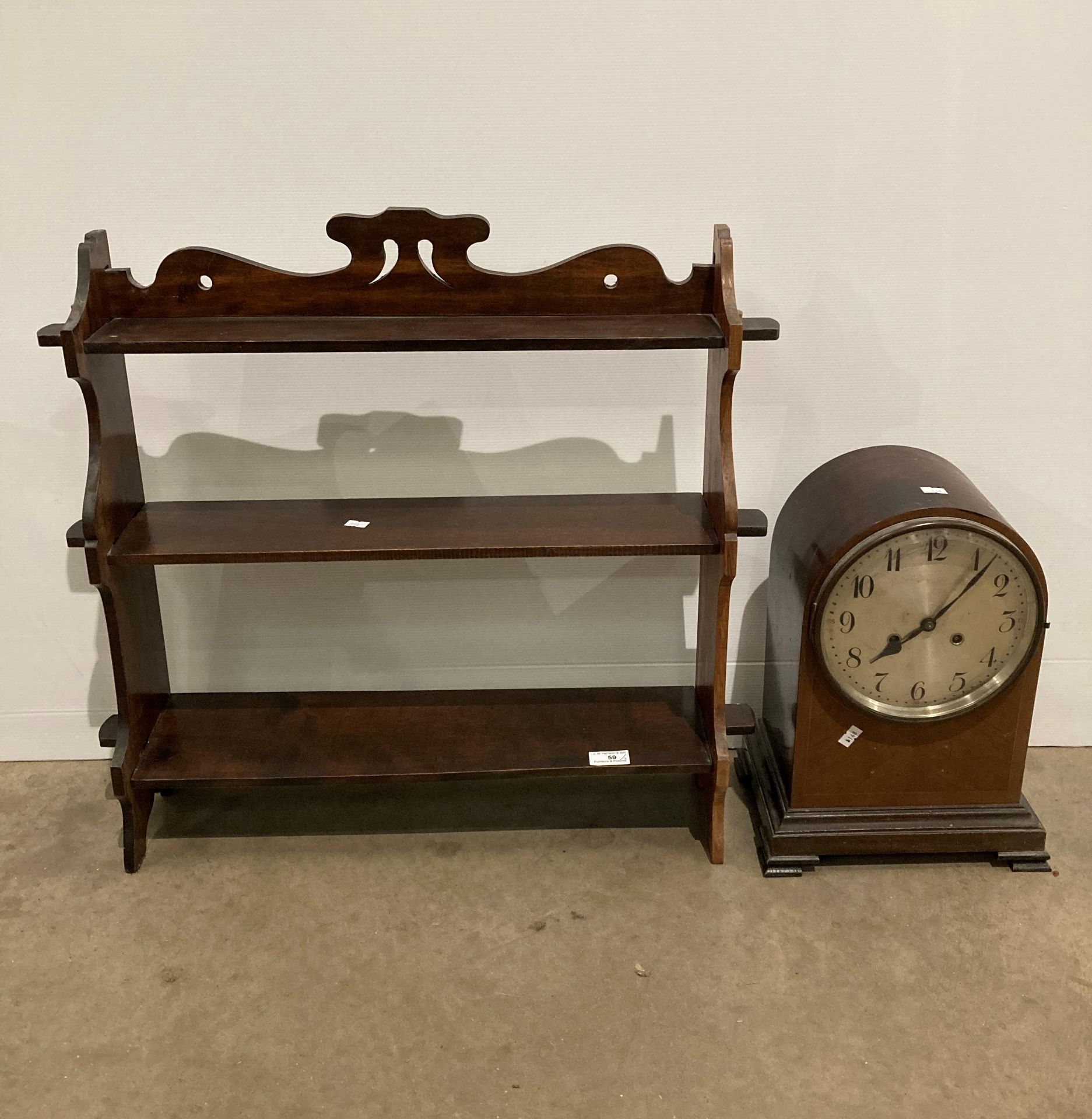 Two items - A line inlaid mahogany mantel clock with circular silvered face raised on bracket feet