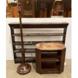 Three items - oak four shelf wall hung display rack, oak three tier side table,