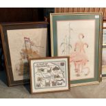 Three assorted framed embroidered pictures, 'Map of Yorkshire',
