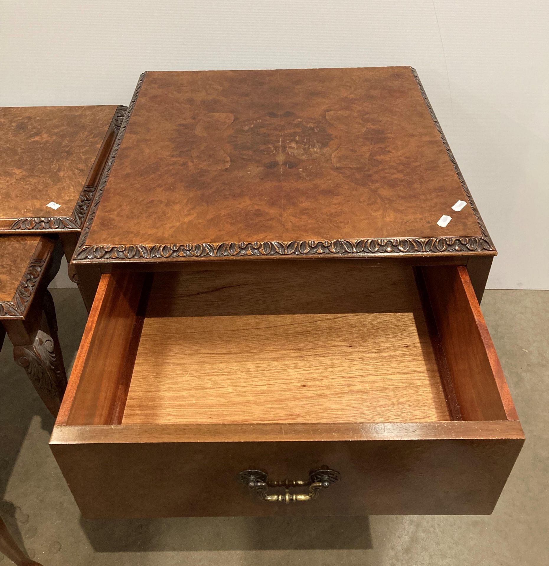 Burr walnut nest of three tables and a burr walnut single drawer side unit with under tray - Image 2 of 3