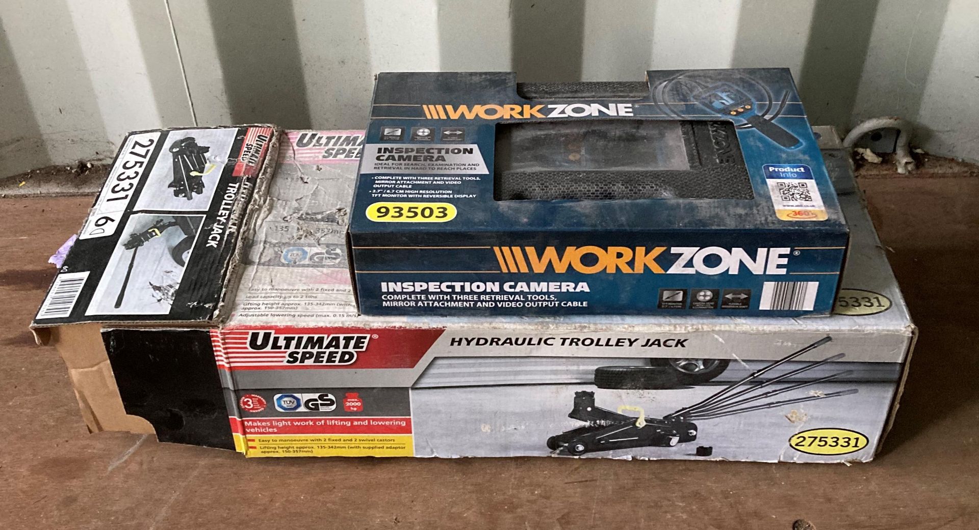 WORKZONE inspection camera and a Climate speed hydraulic 2 ton trolley jack in box (new) (Saleroom