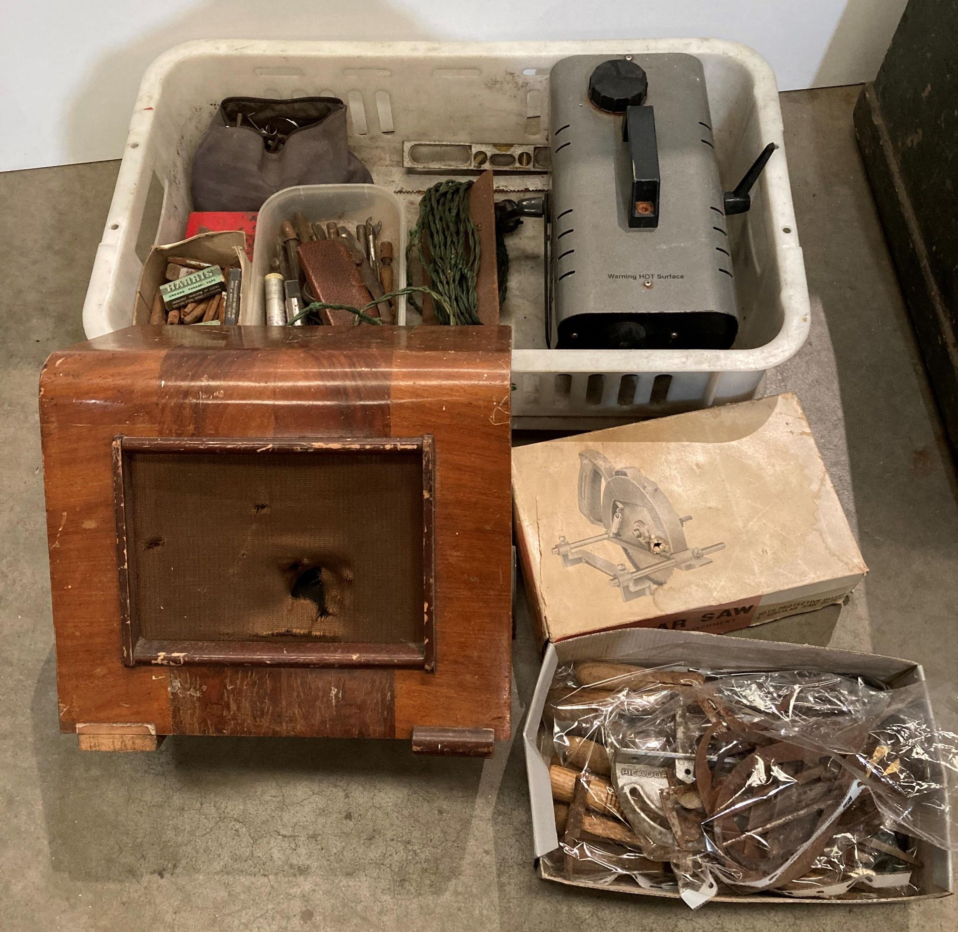 Contents to crate - tap and die sets, measuring equipment, chisels,