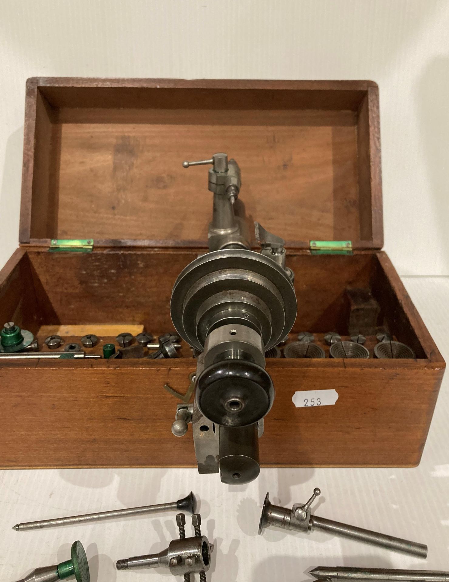 Vintage watch maker's lathe - possibly Lorch - in a mahogany case with accessories (Saleroom - Image 4 of 7