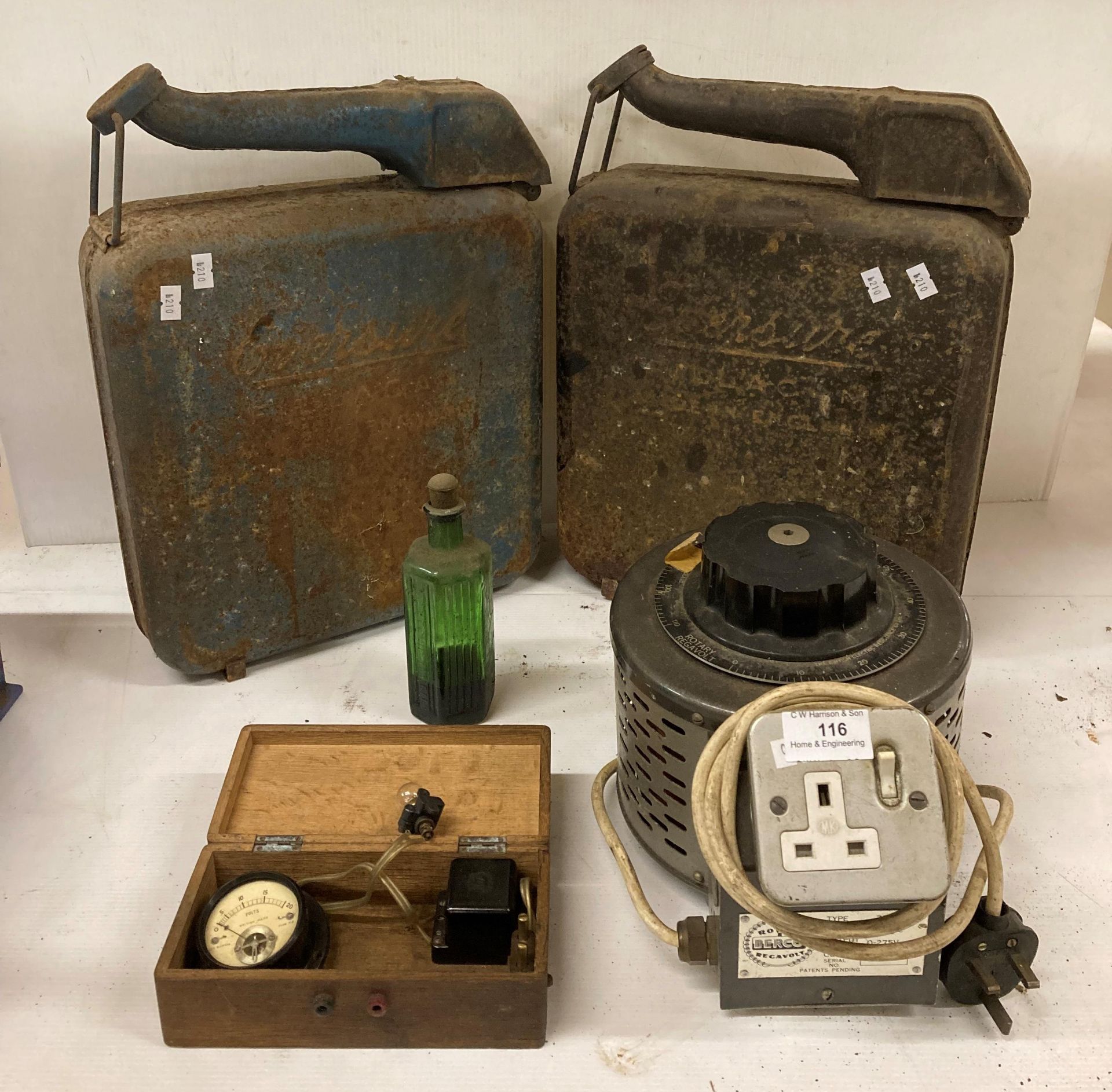 Two vintage 'Eversure' metal fuel cans, volt tester in wooden case etc.