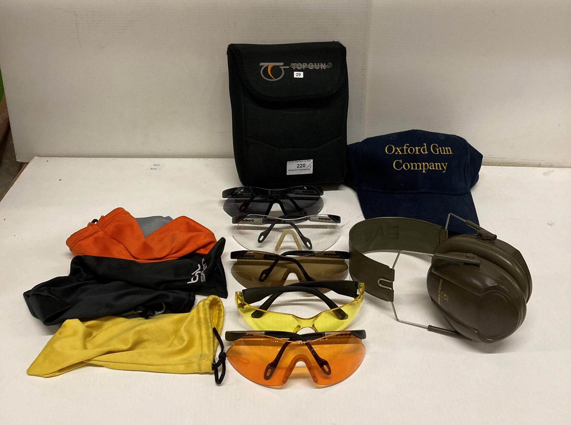 Set of five Topgun shooting glasses in case, pair of Peltor H515FB ear defenders,