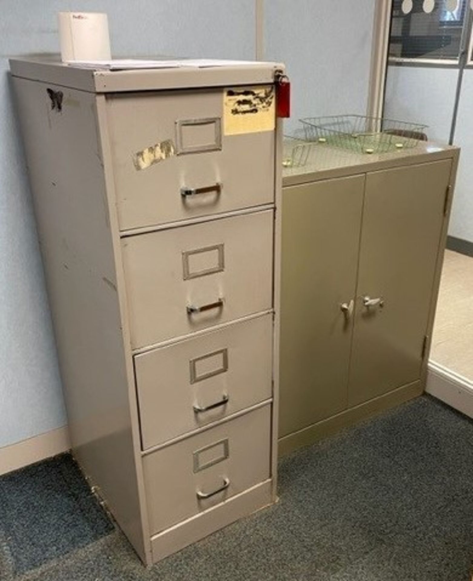 Two grey metal four drawer filing cabinets, two door grey metal finished stationary cupboard,