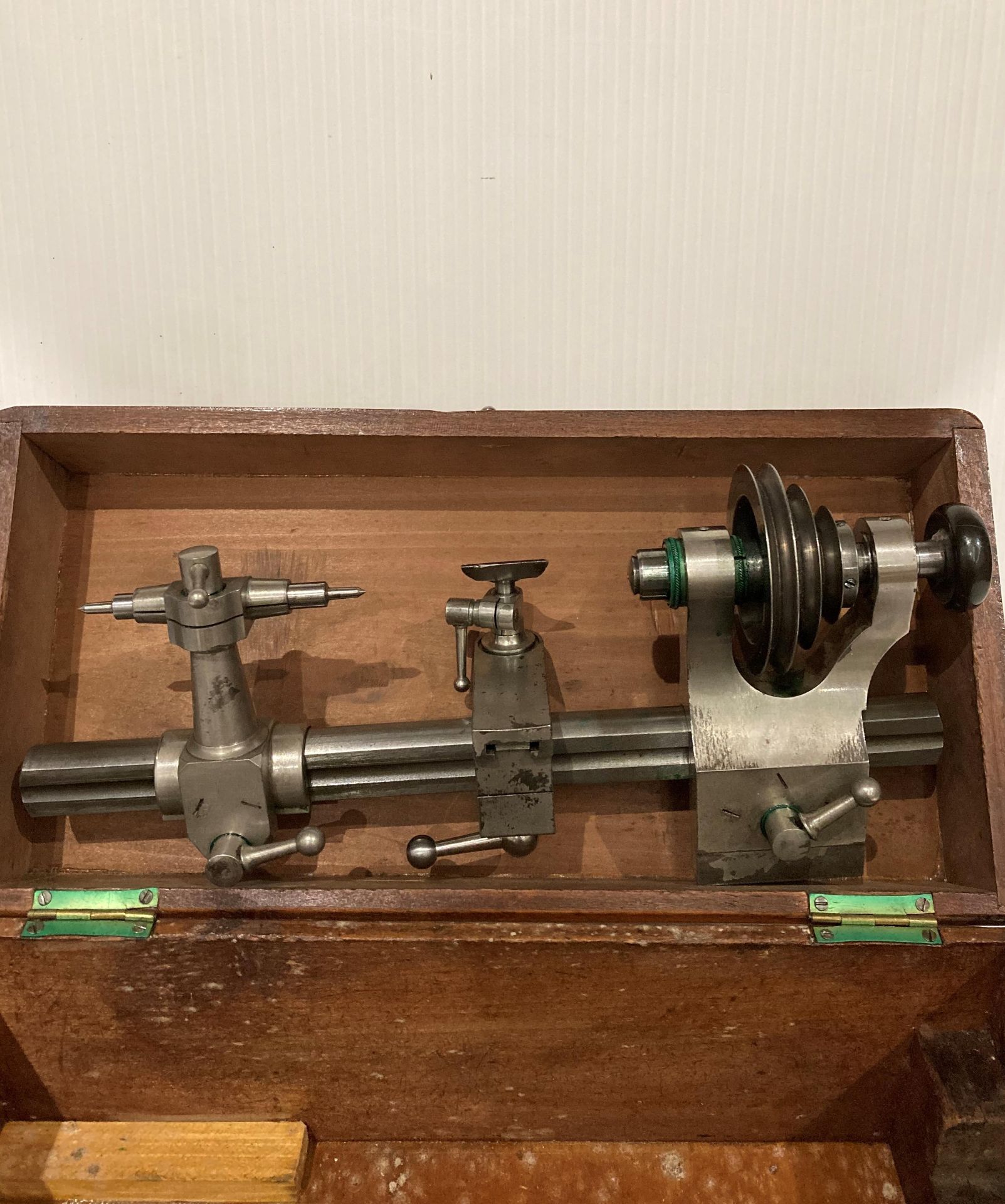 Vintage watch maker's lathe - possibly Lorch - in a mahogany case with accessories (Saleroom - Image 3 of 7