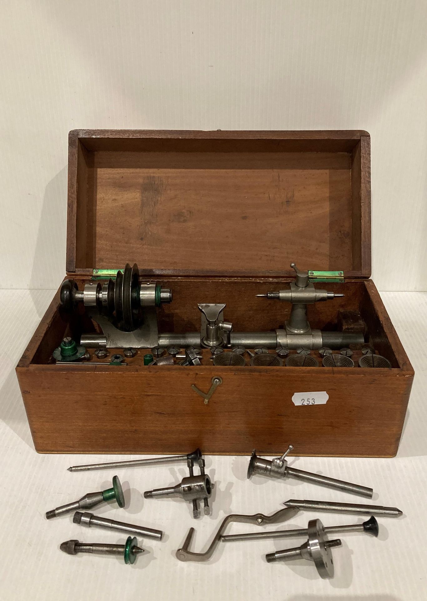 Vintage watch maker's lathe - possibly Lorch - in a mahogany case with accessories (Saleroom