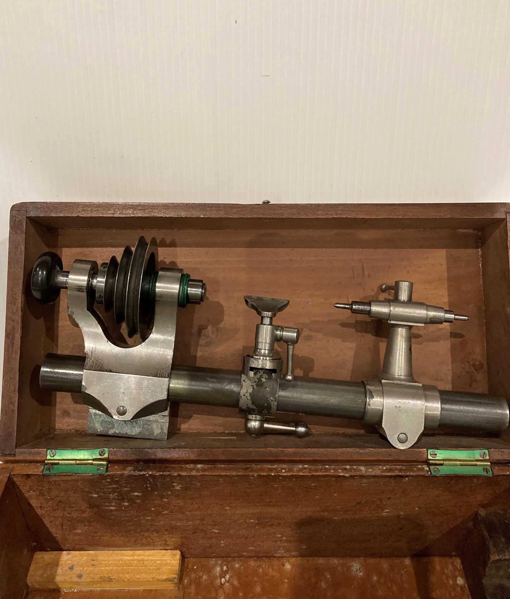 Vintage watch maker's lathe - possibly Lorch - in a mahogany case with accessories (Saleroom - Image 2 of 7