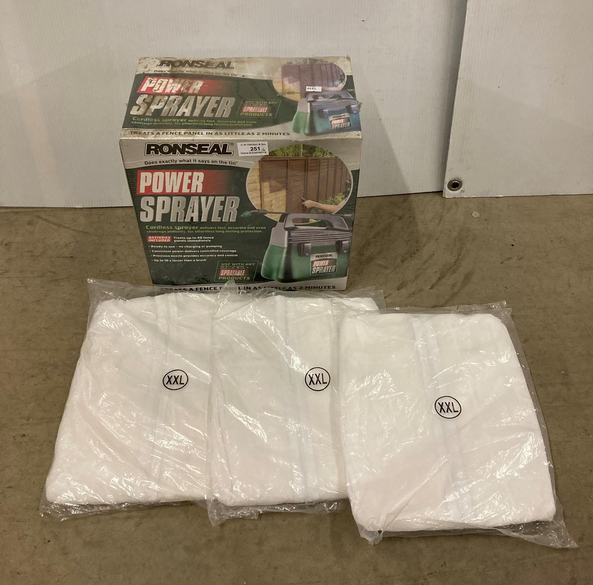 Ronseal power sprayer battery operated, new in box and three x white painting suits,