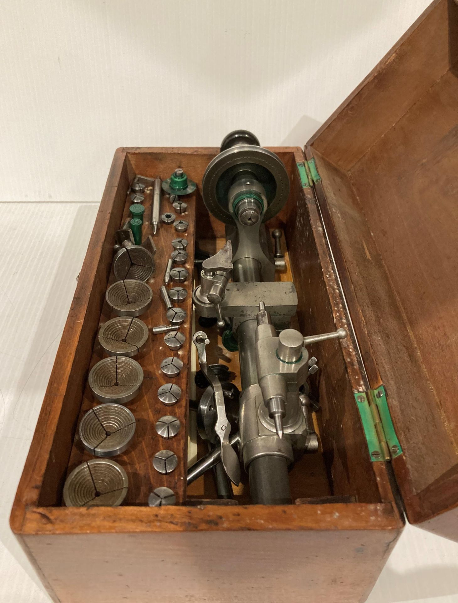 Vintage watch maker's lathe - possibly Lorch - in a mahogany case with accessories (Saleroom - Image 6 of 7