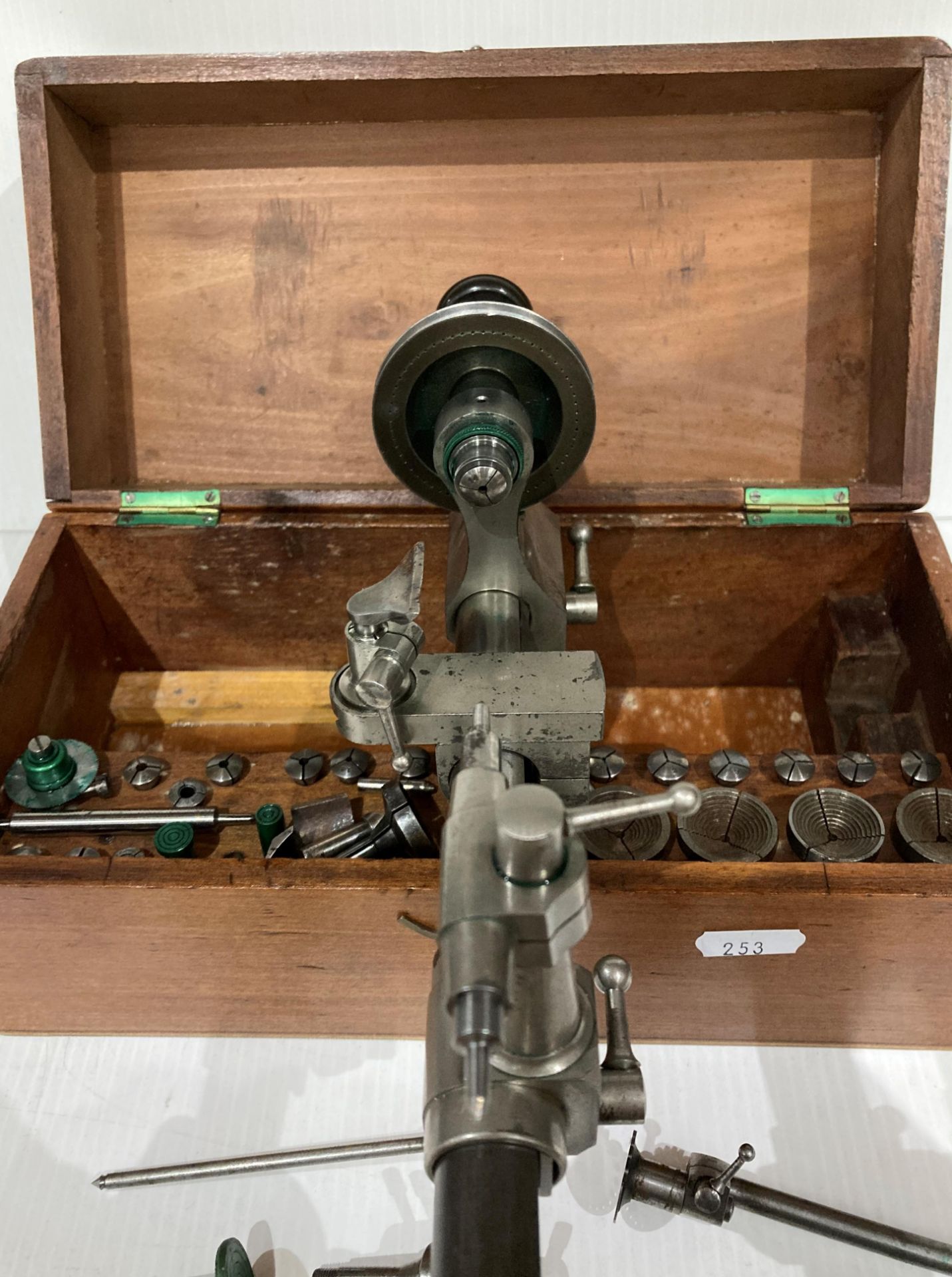 Vintage watch maker's lathe - possibly Lorch - in a mahogany case with accessories (Saleroom - Image 5 of 7