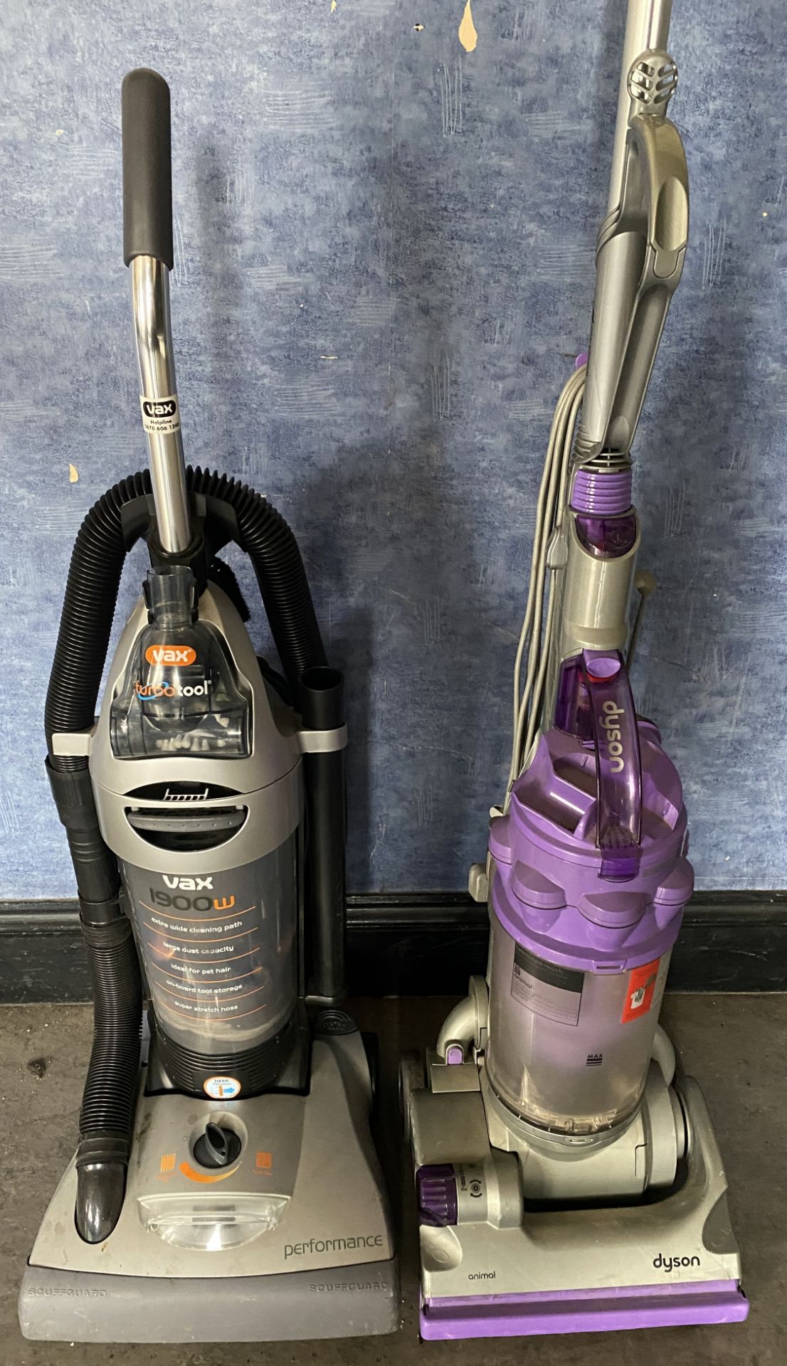 2 x Upright vacuum cleaners - Vax 1900w Turbo Tool Performance and a Dyson Animal (Not PAT tested).