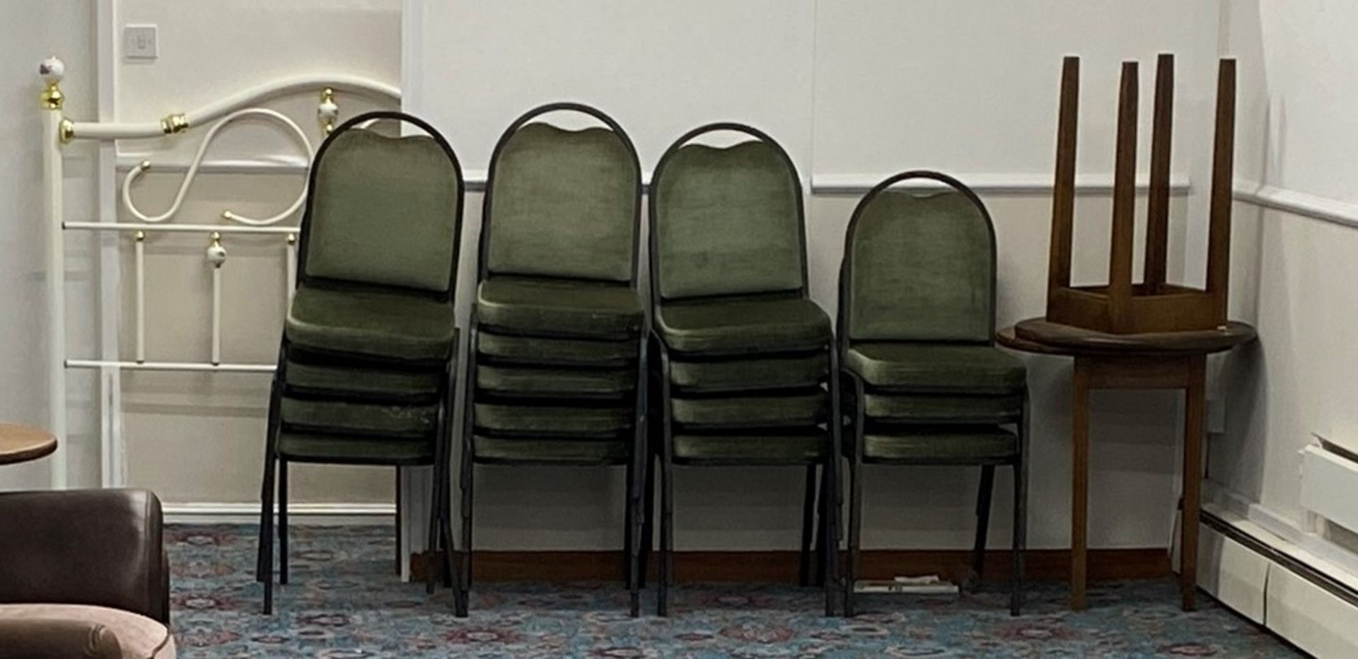 17 x Green fabric metal frame stacking chairs and 3 assorted circular wooden bar tables. - Image 2 of 2
