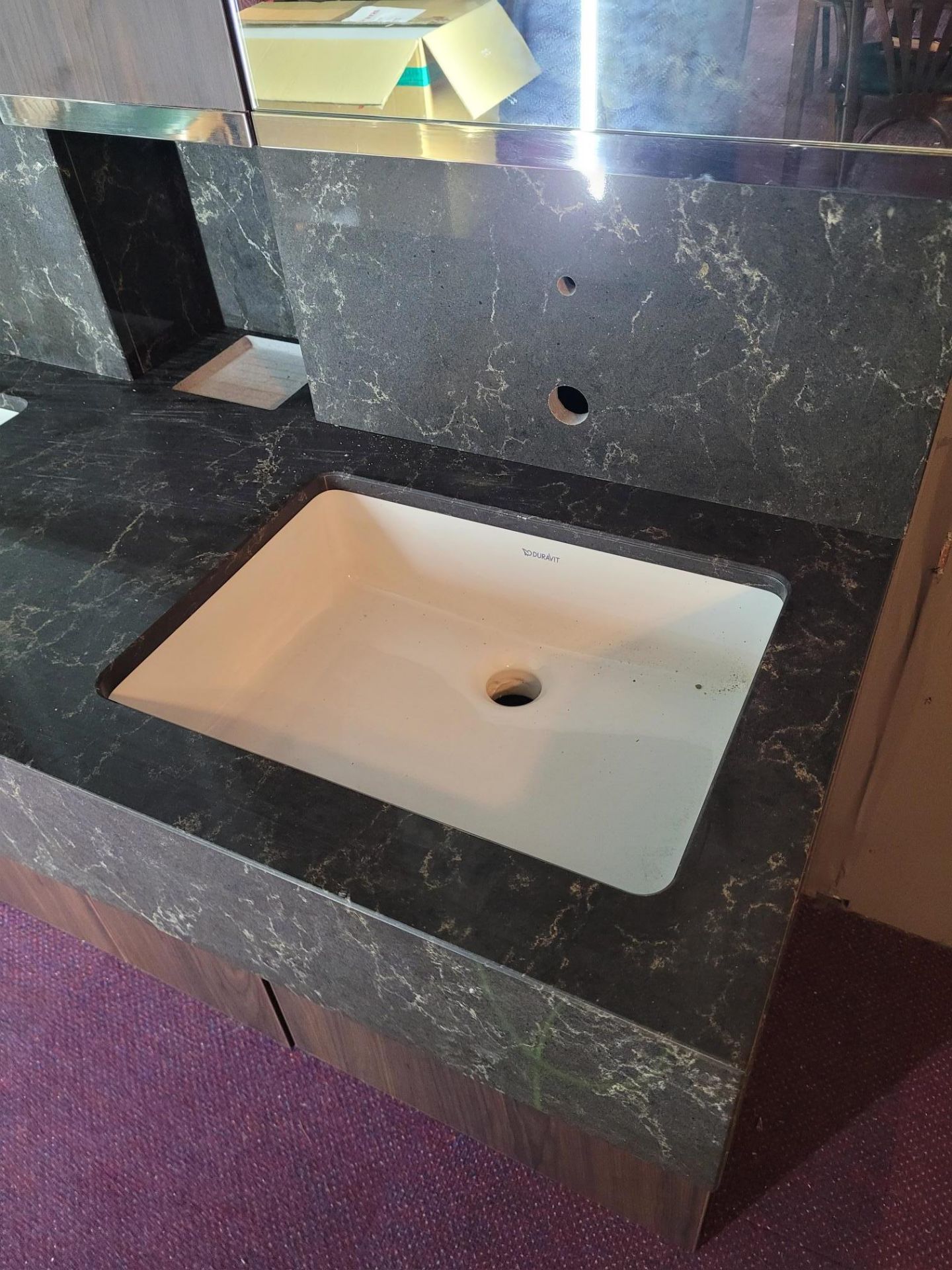 Bespoke triple basin black variegated granite bathroom sink unit, with mirrored cabinets, - Image 3 of 6