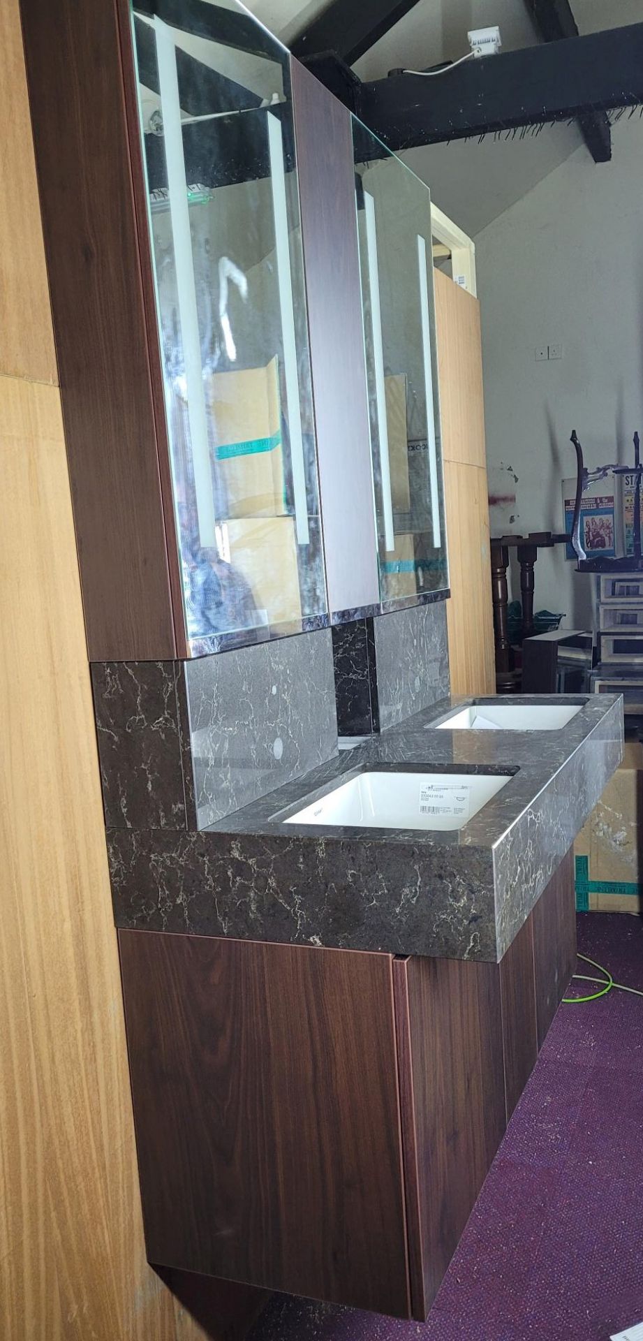 Bespoke twin basin black variegated granite bathroom sink unit, with mirrored cabinets, - Image 2 of 11