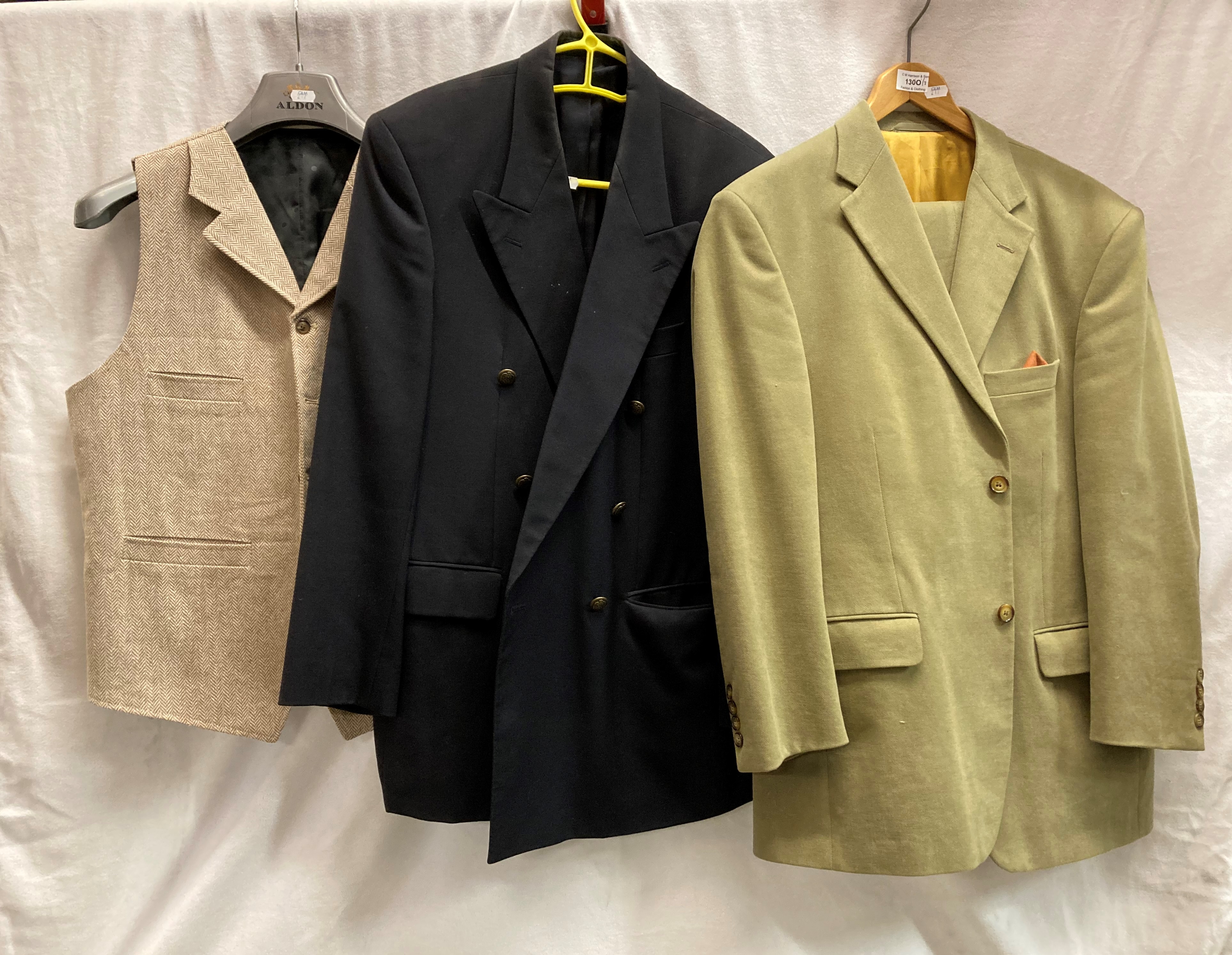 Three pieces of gentlemen's clothing - a Gurteen Esquire two piece suit in green, no size shown,