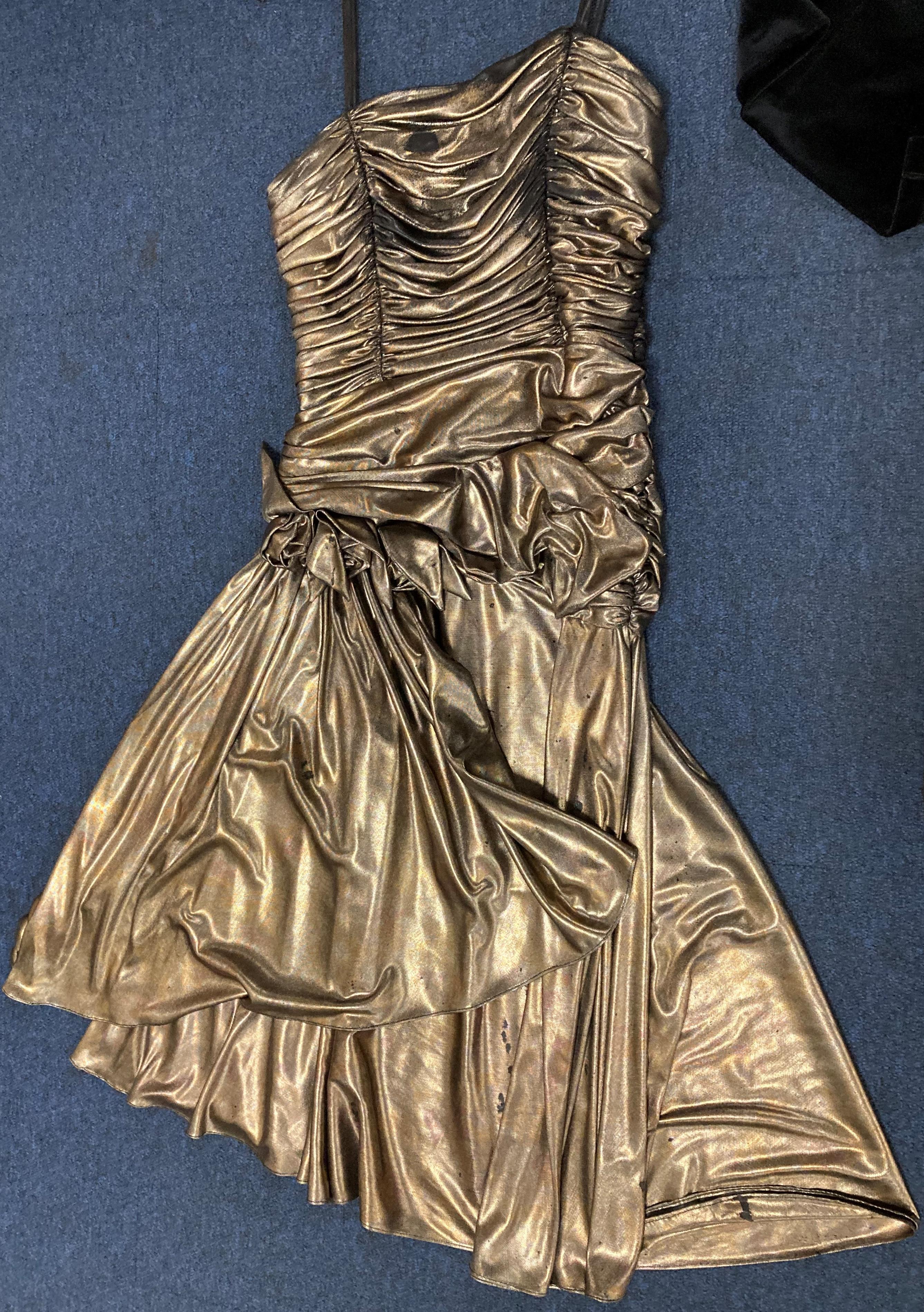 Two vintage dresses -sizes unknown- including one gold-tone waterfall effect dress with fabric - Image 6 of 7
