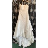 Satin drop waist gown with lace overlay, ivory, size UK 14.