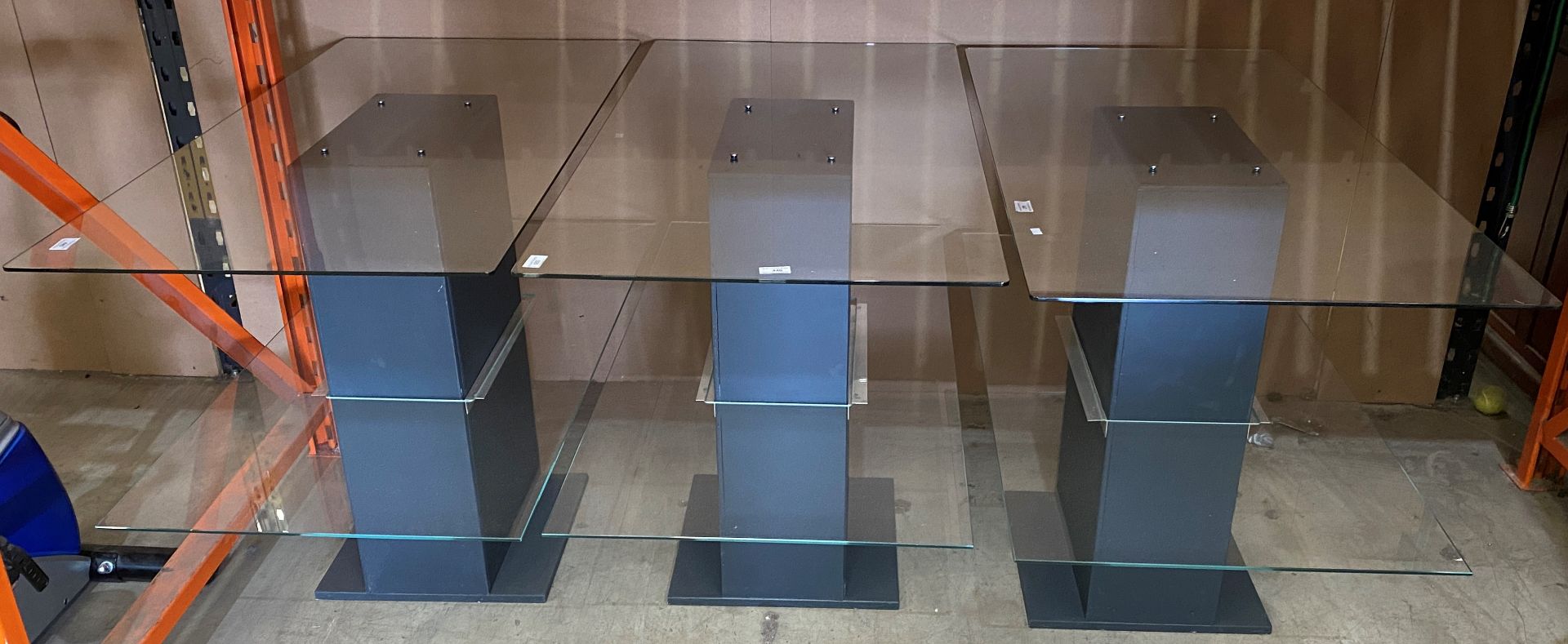 3 x glass topped shop display tables with glass under trays on centre base 124 x 60cm (please note: