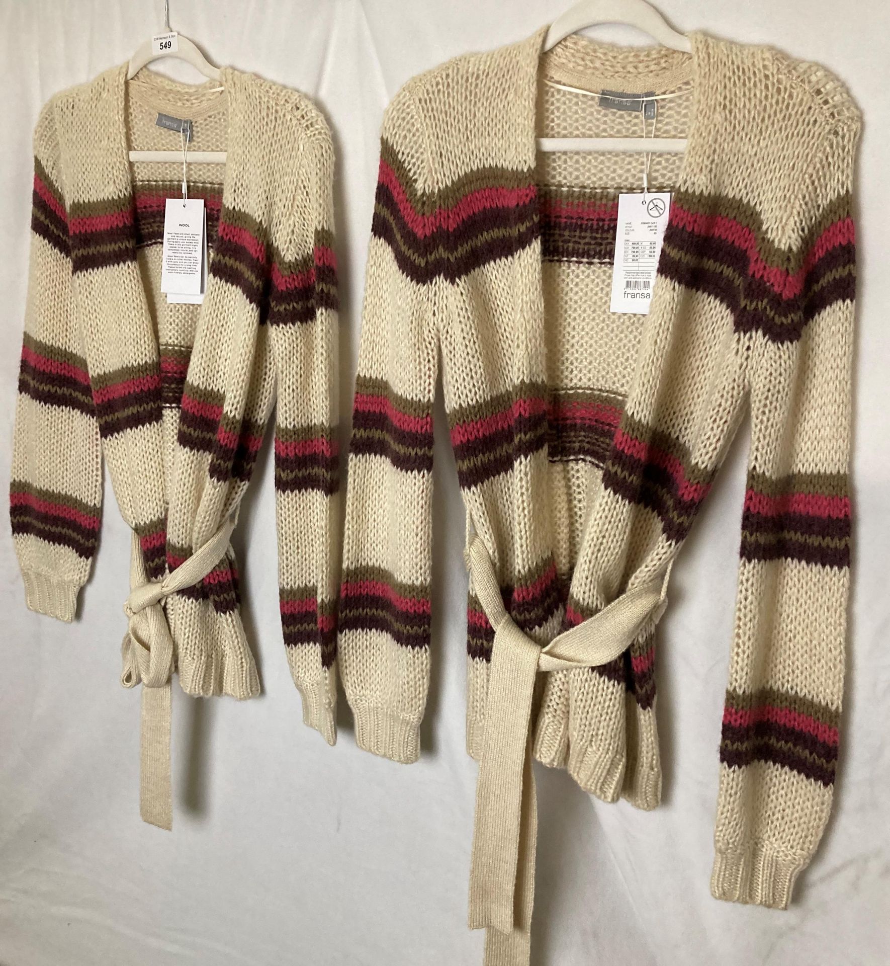 2 x FRANSA Belt up cardigans in cream, pink and brown stripe in sizes XS and S - RRP: £59.