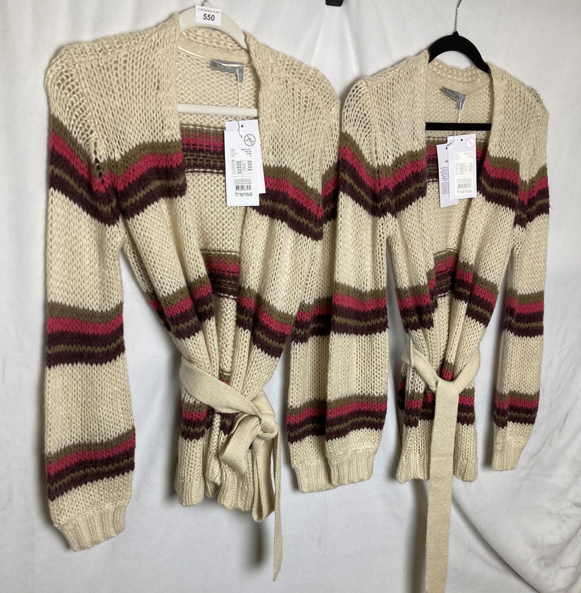 2 x FRANSA Belt up cardigans in cream, pink and brown stripe in sizes S and M - RRP: £59.