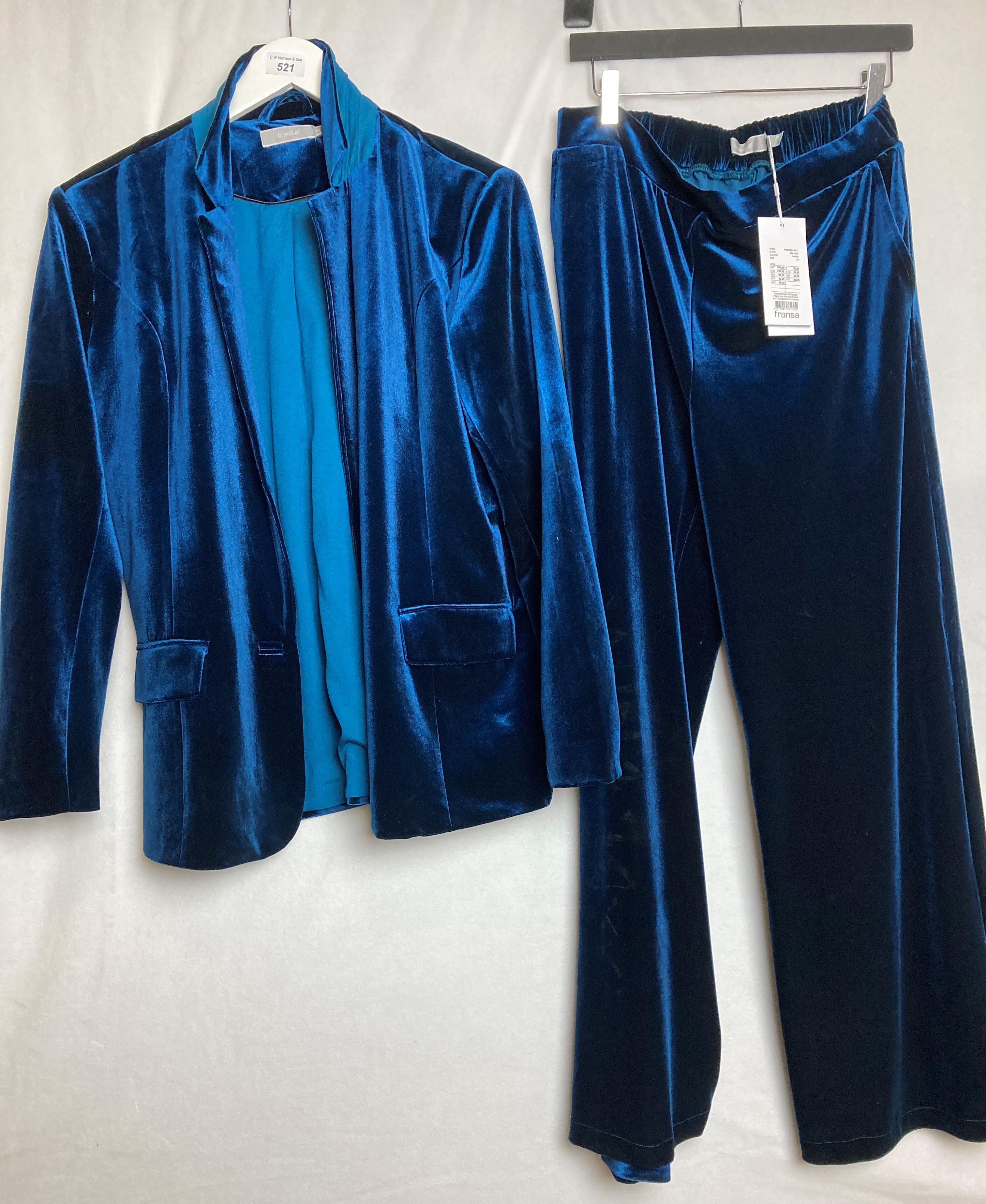 A FRANSA two piece matching velvet suit comprising of a jacket and trousers in turquoise size 40 -