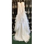 Ruffle gown with knee split, white, size UK 8.