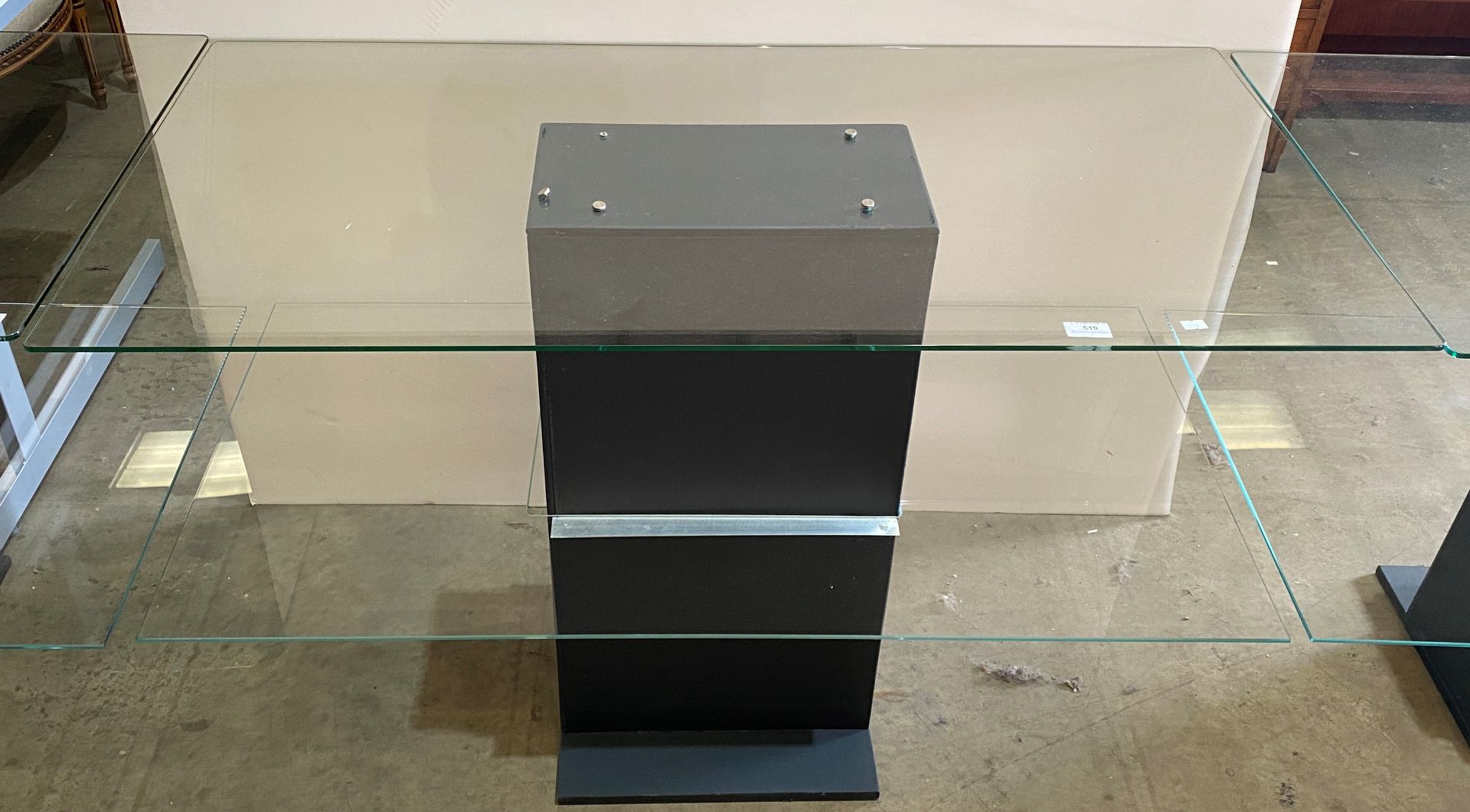 3 x glass topped shop display tables with glass under trays on centre base 124 x 60cm (please note: - Image 2 of 3