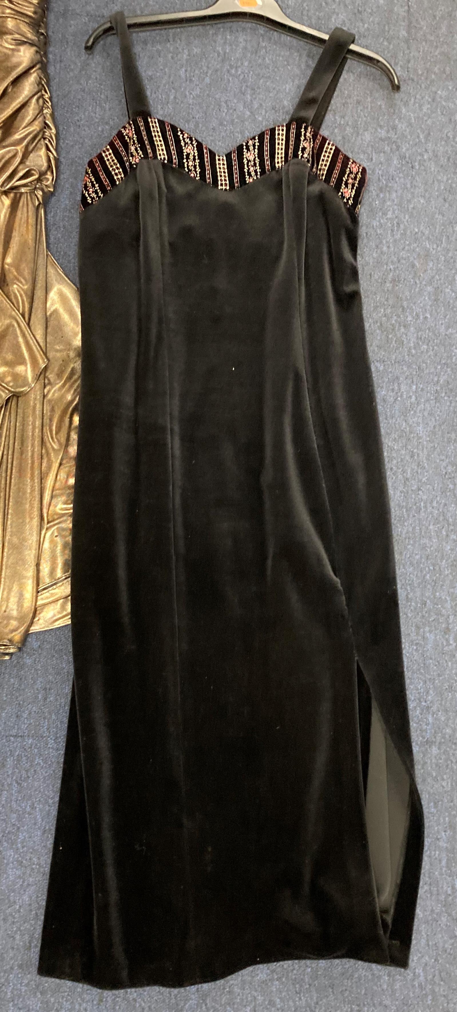 Two vintage dresses -sizes unknown- including one gold-tone waterfall effect dress with fabric - Image 2 of 7