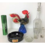 Seven items of glassware including cockerel 26cm high, decanter 34cm high,