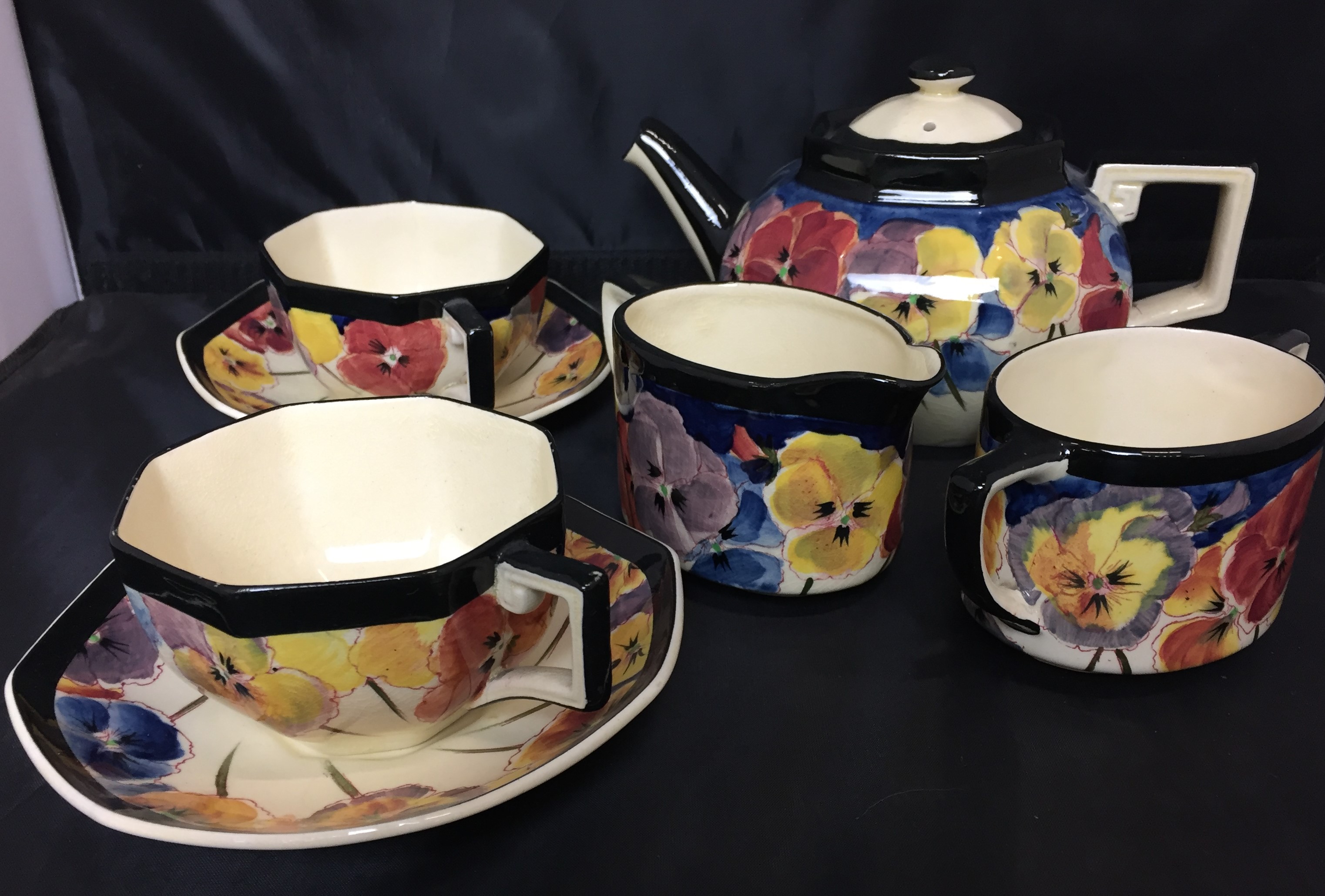 Eight items - Royal Doulton circa 1925 octagonal pansy design on cream background edged in black - Image 2 of 7