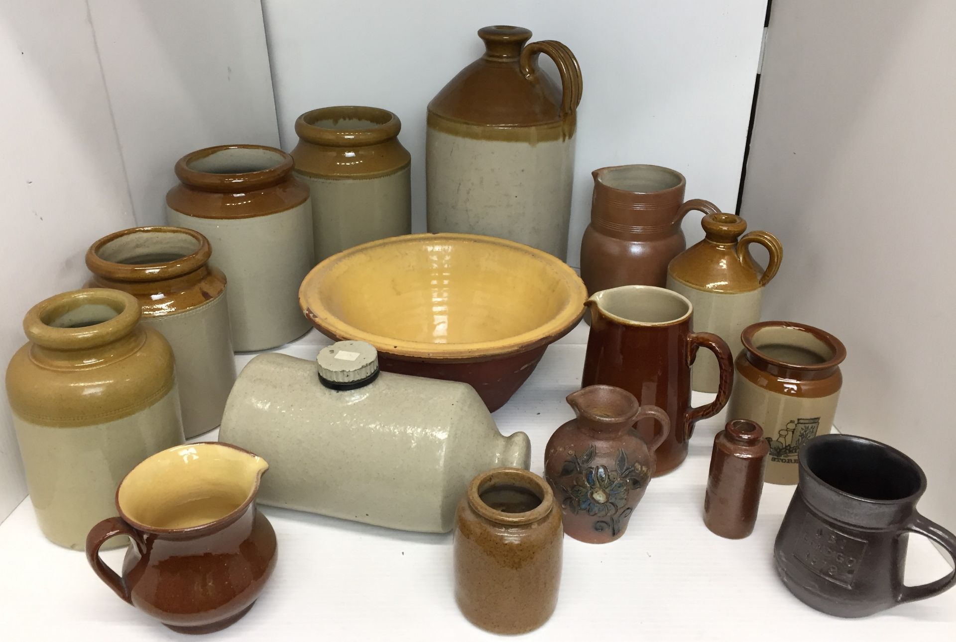 Sixteen pieces, mainly vintage, stoneware including flagon 33cm high,