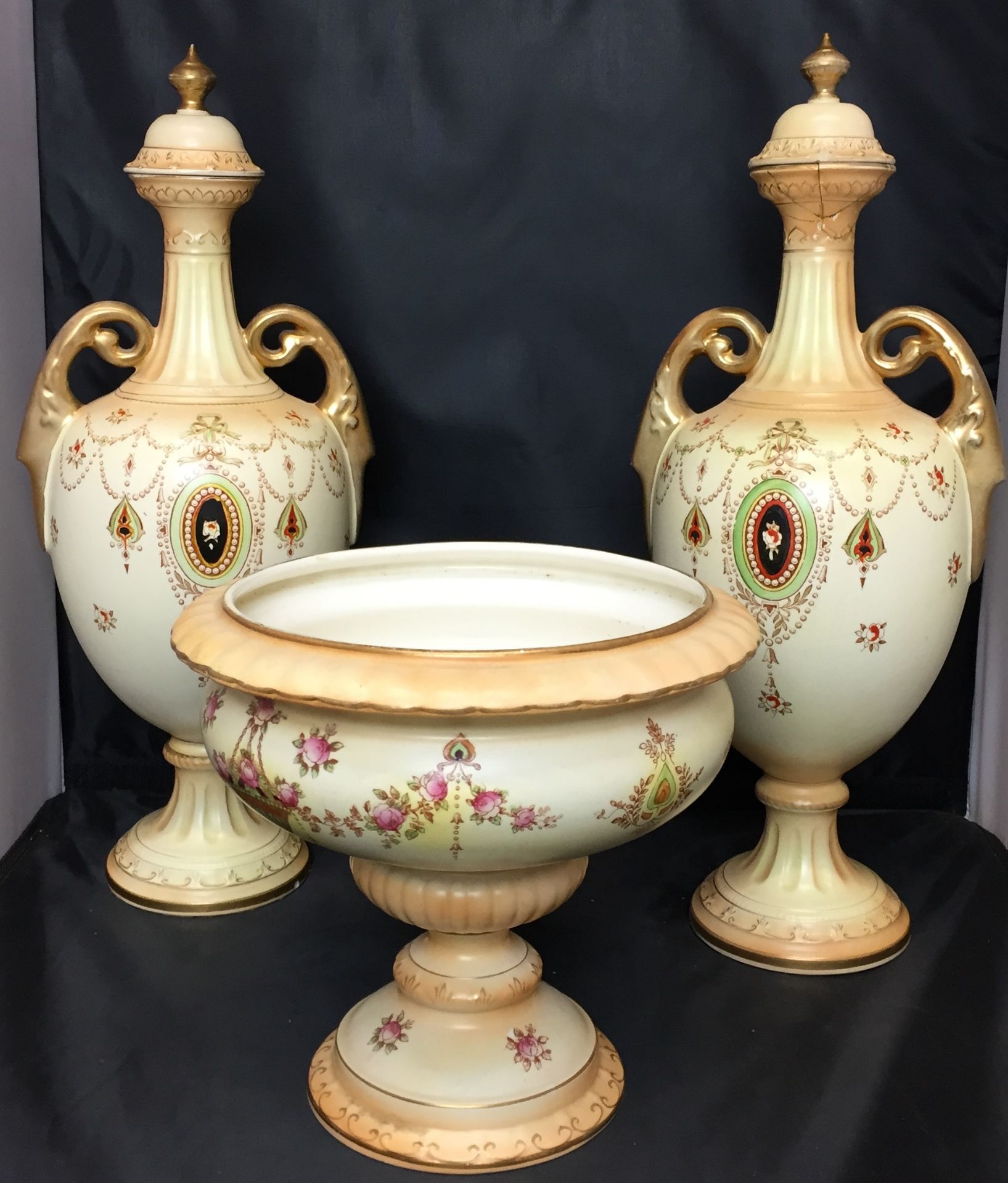 Three items - Devonware Etna pedestal bowl 22cm diameter (small chip to rim) and pair of Crown