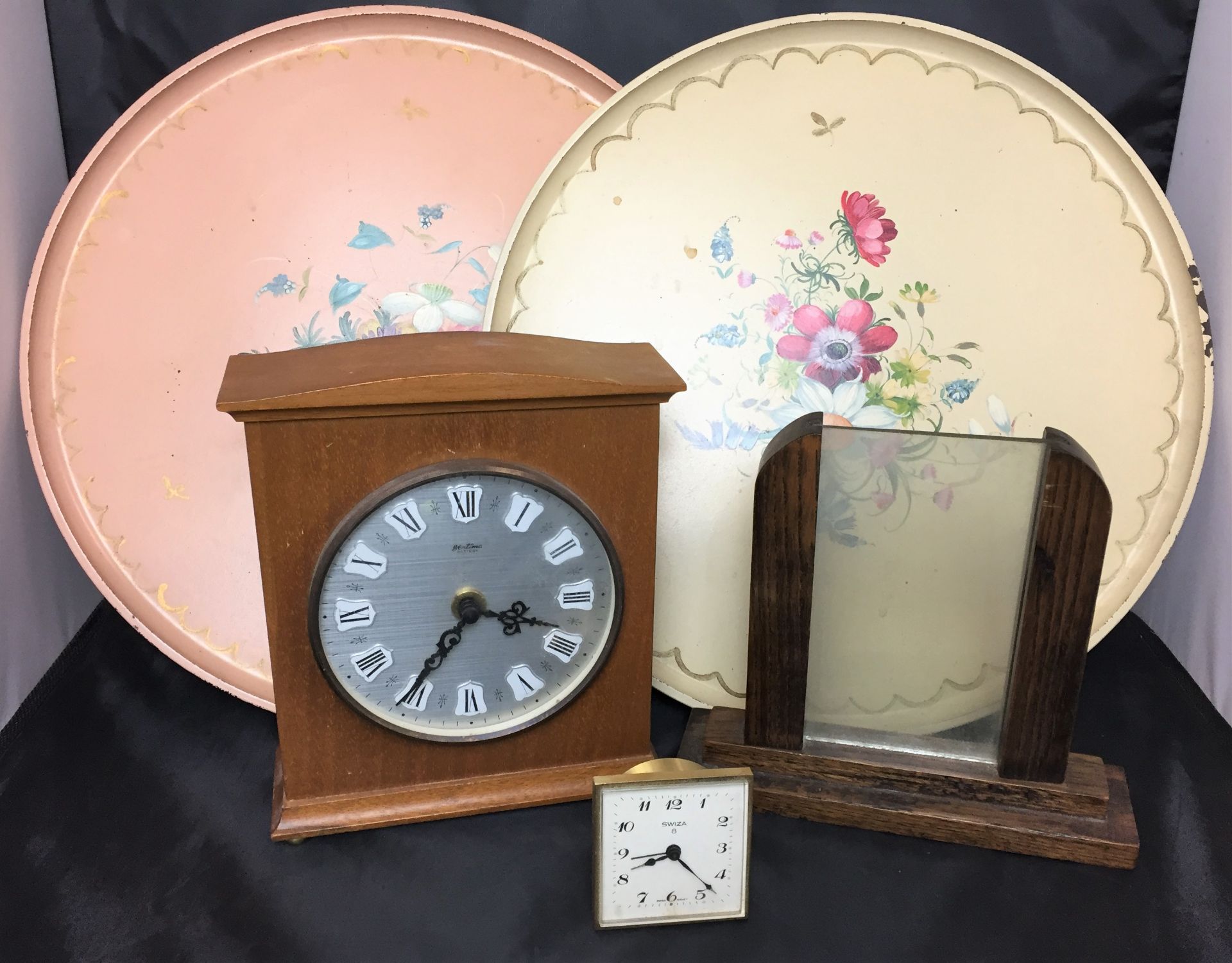 Five items including Bentima wooden-cased battery clock 18cm high,