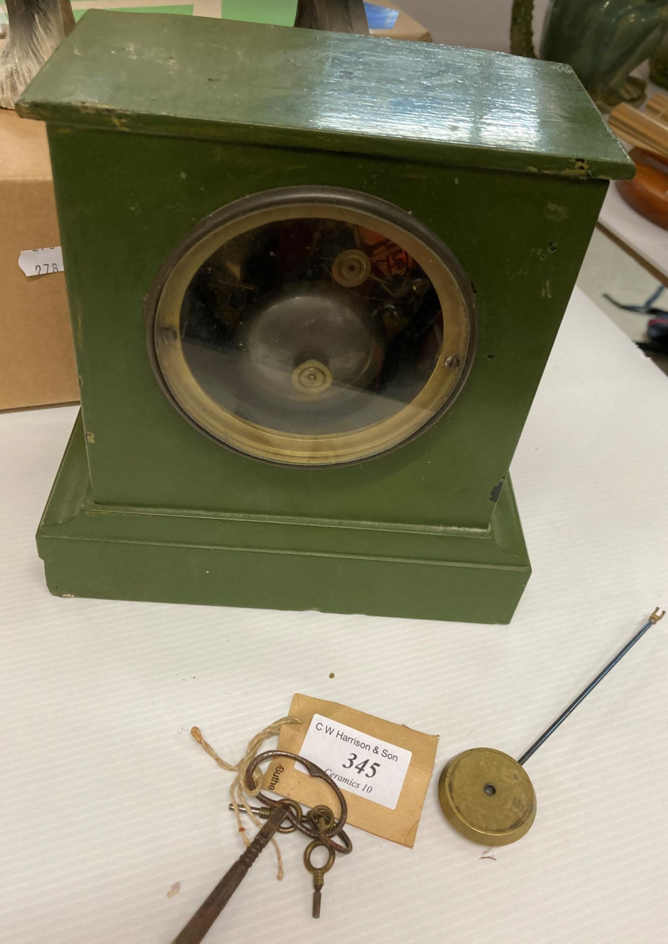 A green painted metal mantel clock with gold-coloured dial, - Image 2 of 2