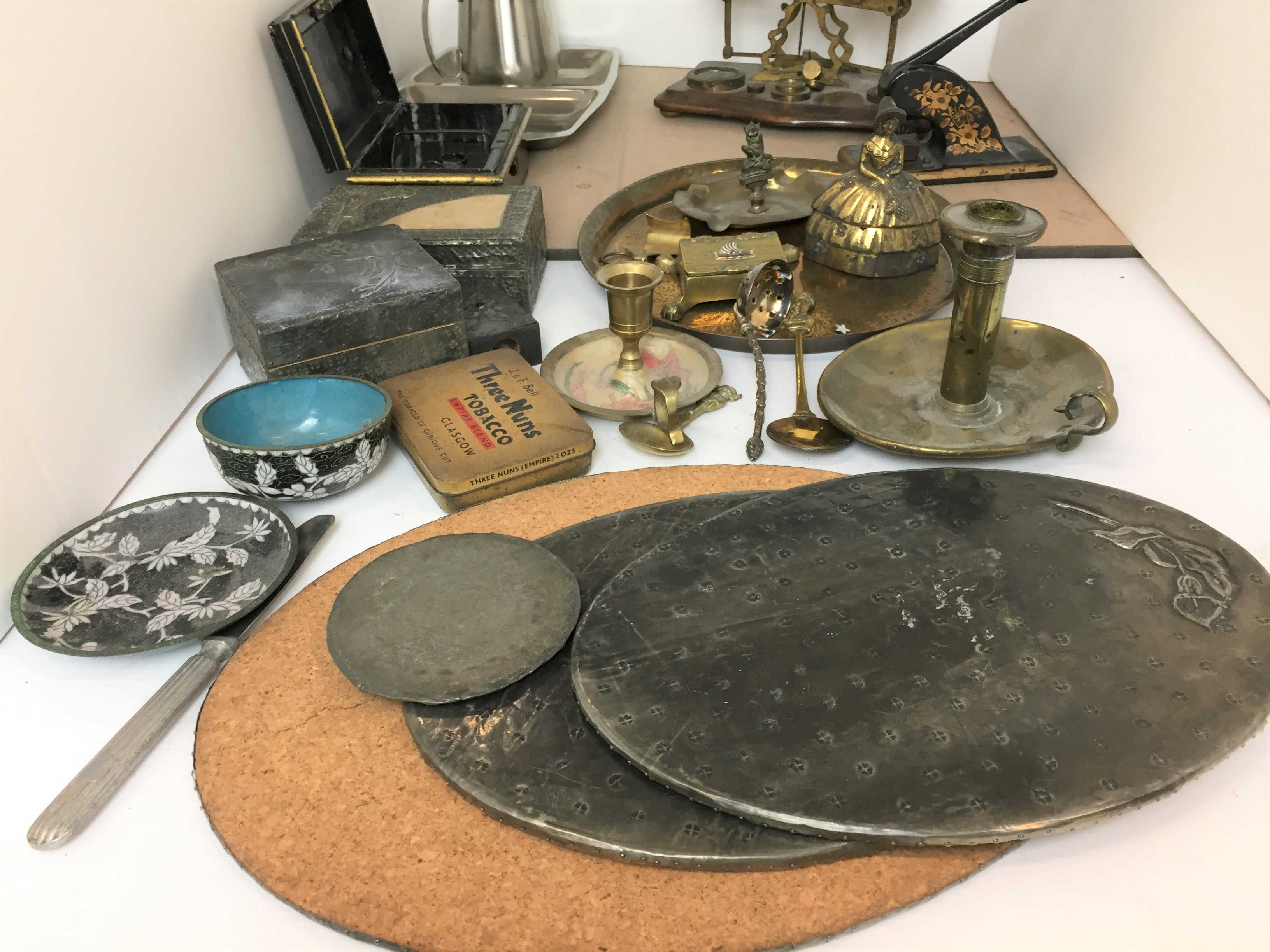 Twenty three items including vintage wood-based brass postal scales with weights, company stamp, - Image 4 of 4