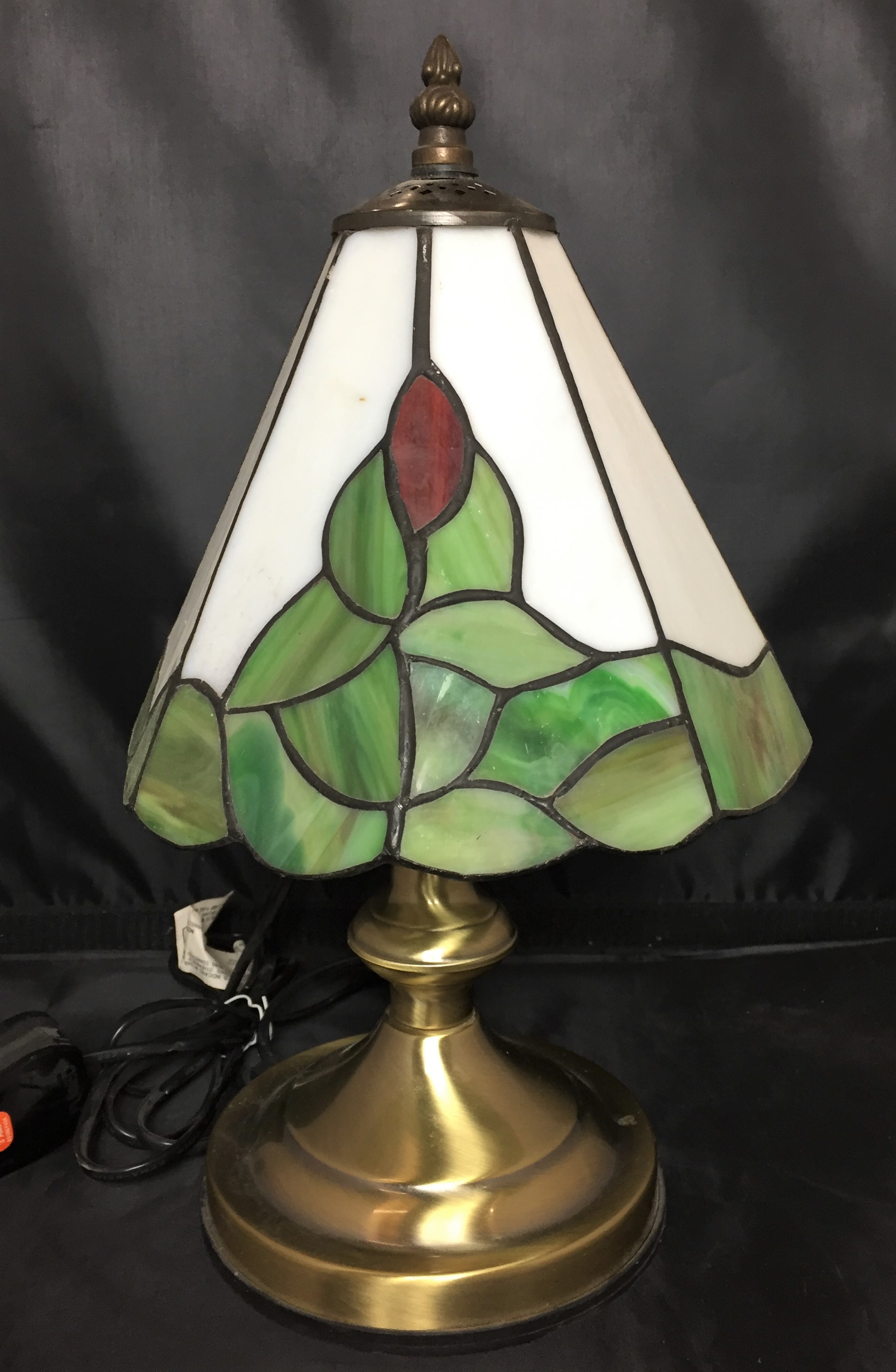 Tiffany style table lamp with brushed brass base and glass shade 36cm high (saleroom location: