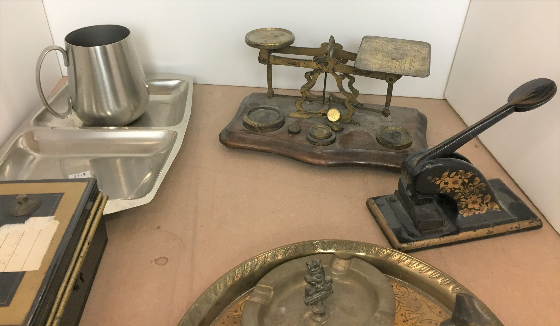 Twenty three items including vintage wood-based brass postal scales with weights, company stamp, - Image 2 of 4