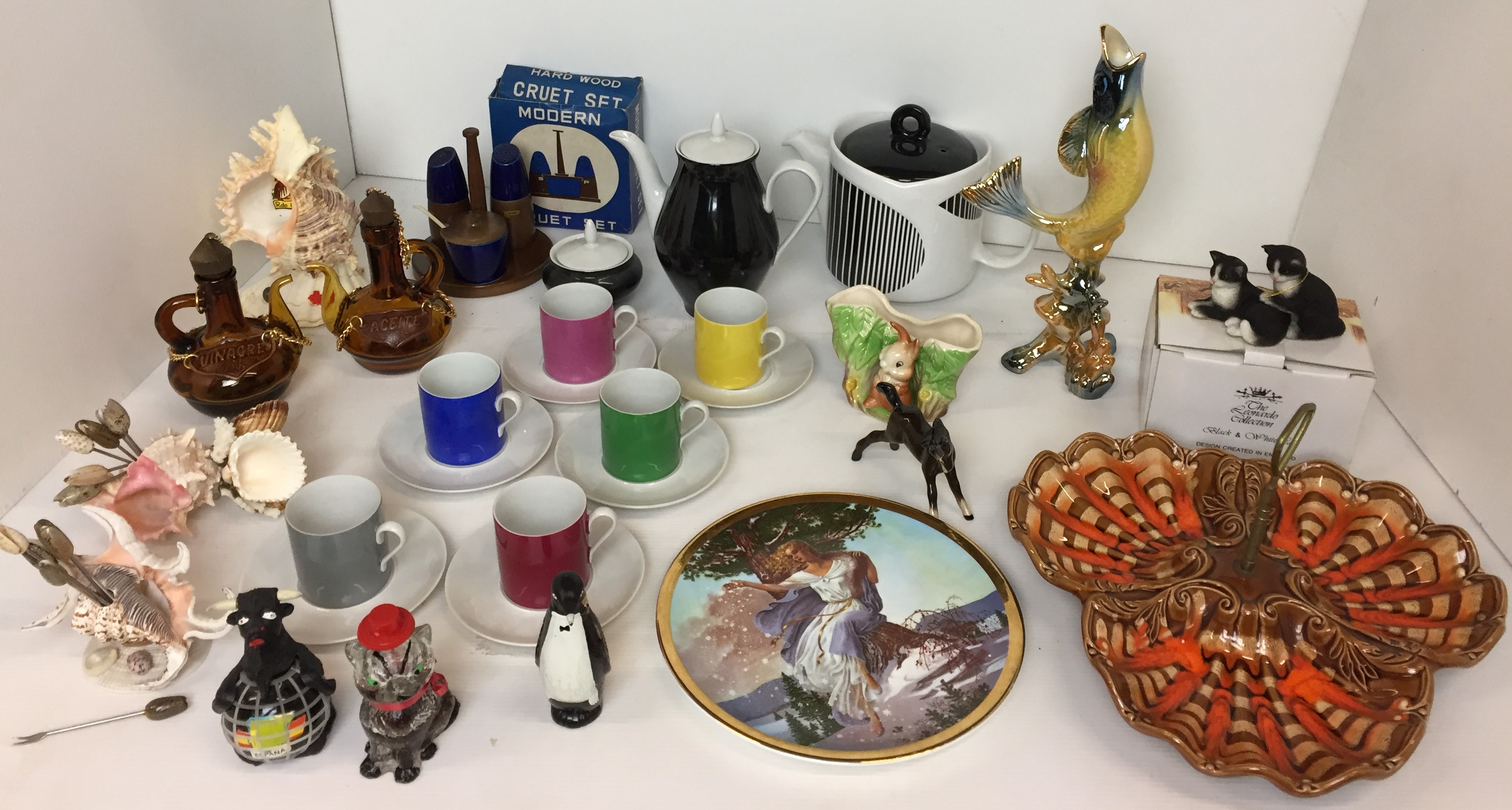 Sixteen items including eight piece multi coloured coffee set, Sadler black and white teapot,