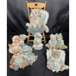 Green box containing six Calico Kittens five up to 8cm high and Kitten on wooden chair 25cm high