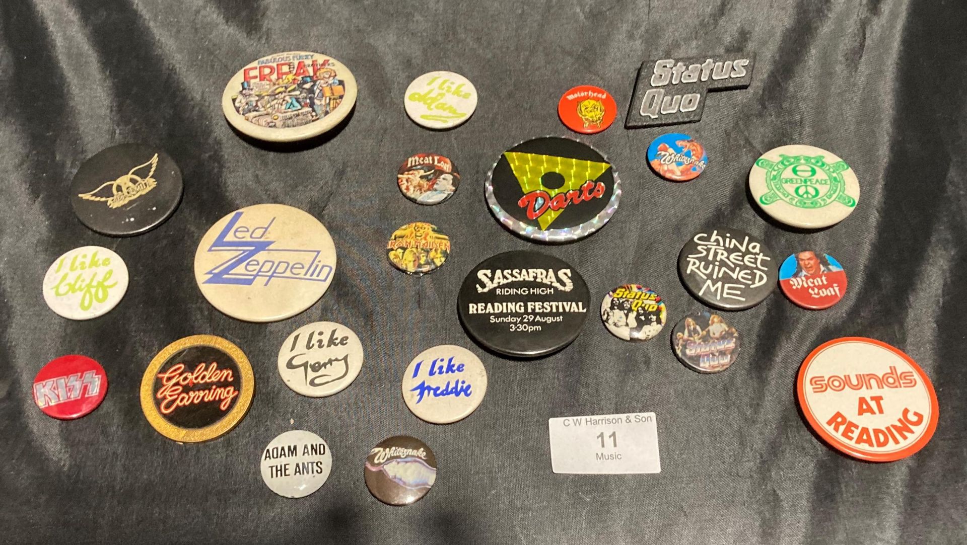 Twenty three rock related badges - Led Zeppelin, Status Quo, Meatloaf,