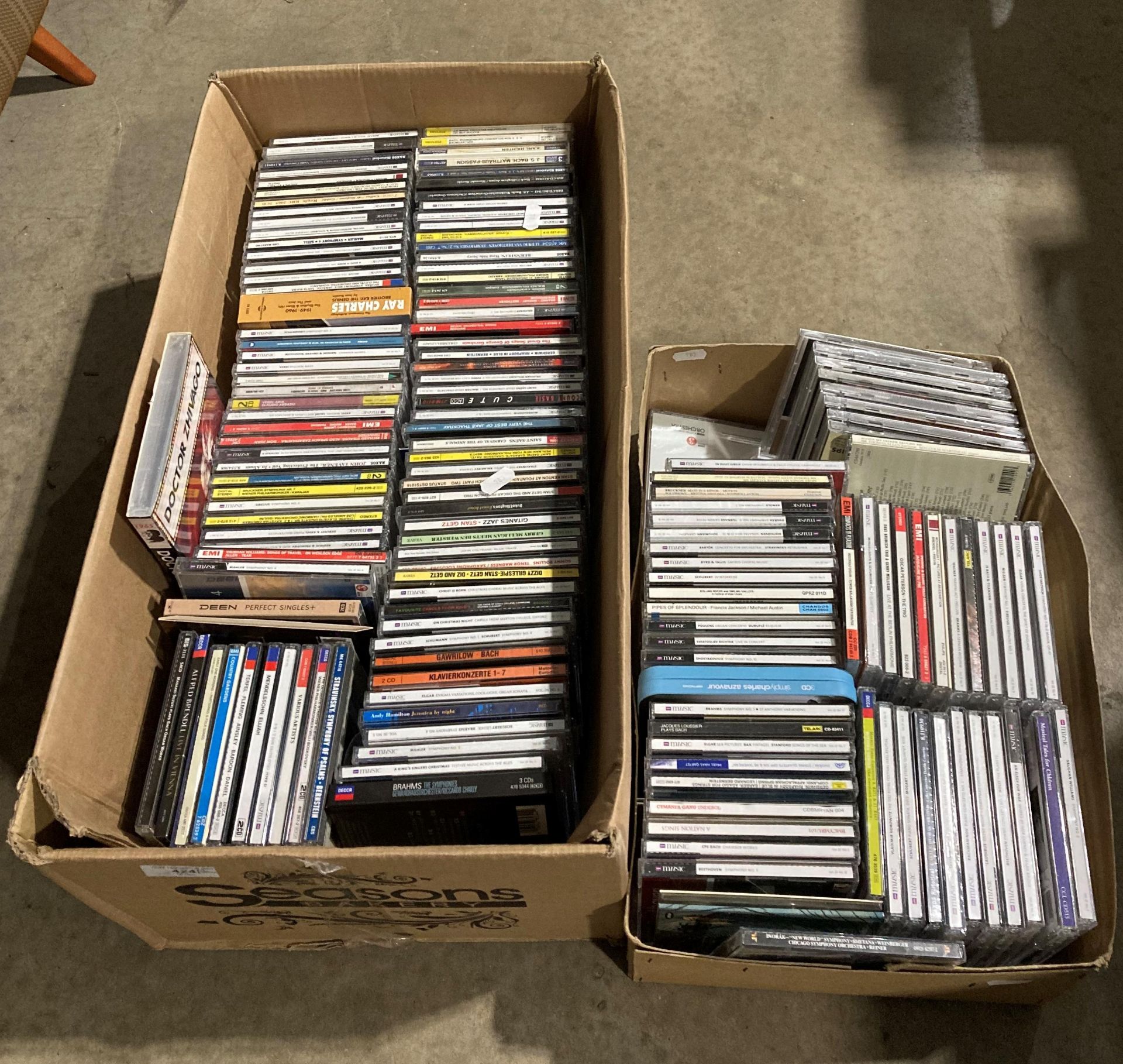 Contents to two boxes - approximately 160 assorted CDs, classical, easy listening,