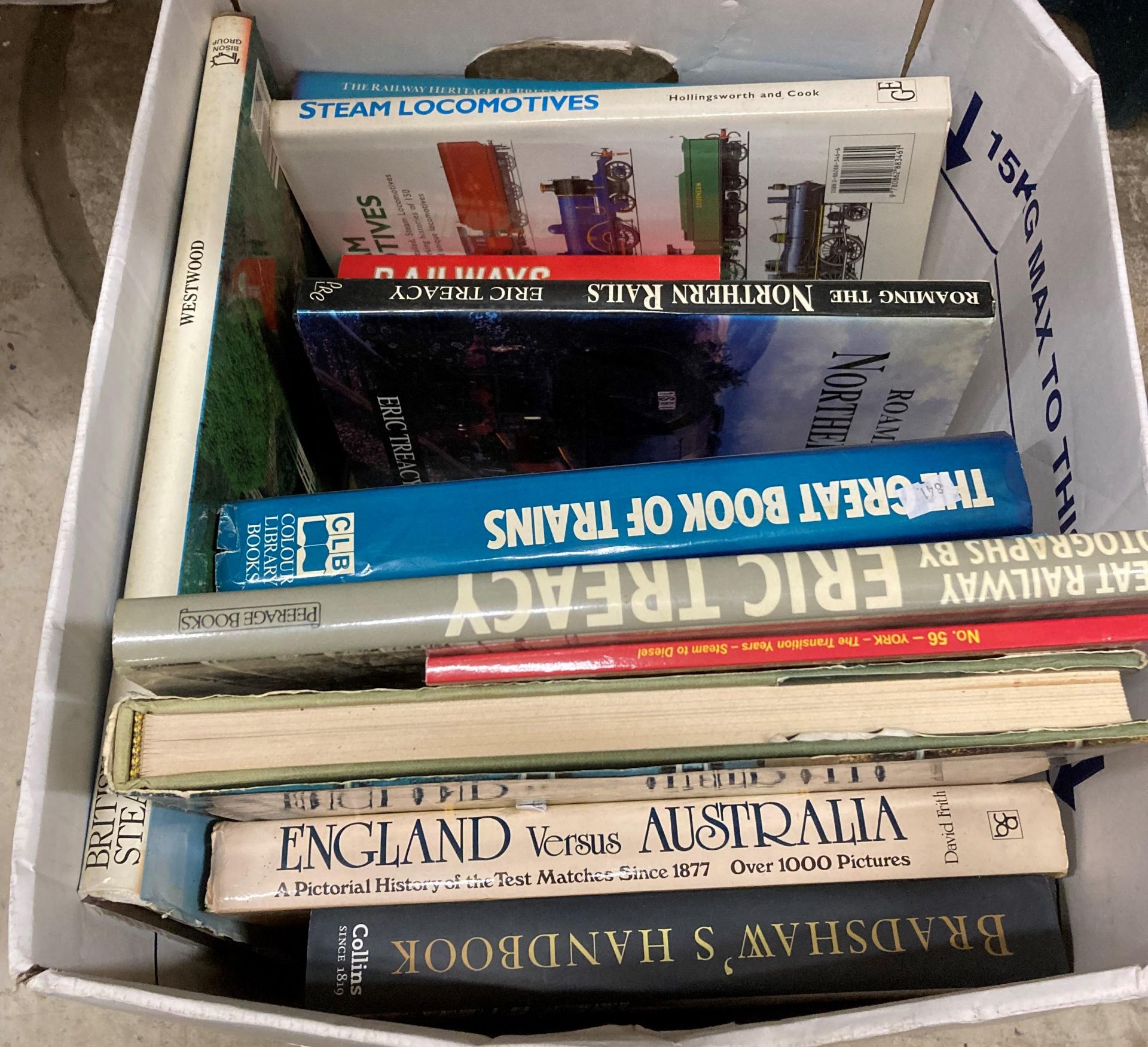 Contents to box - fourteen books on trains, steam locomotives, etc.