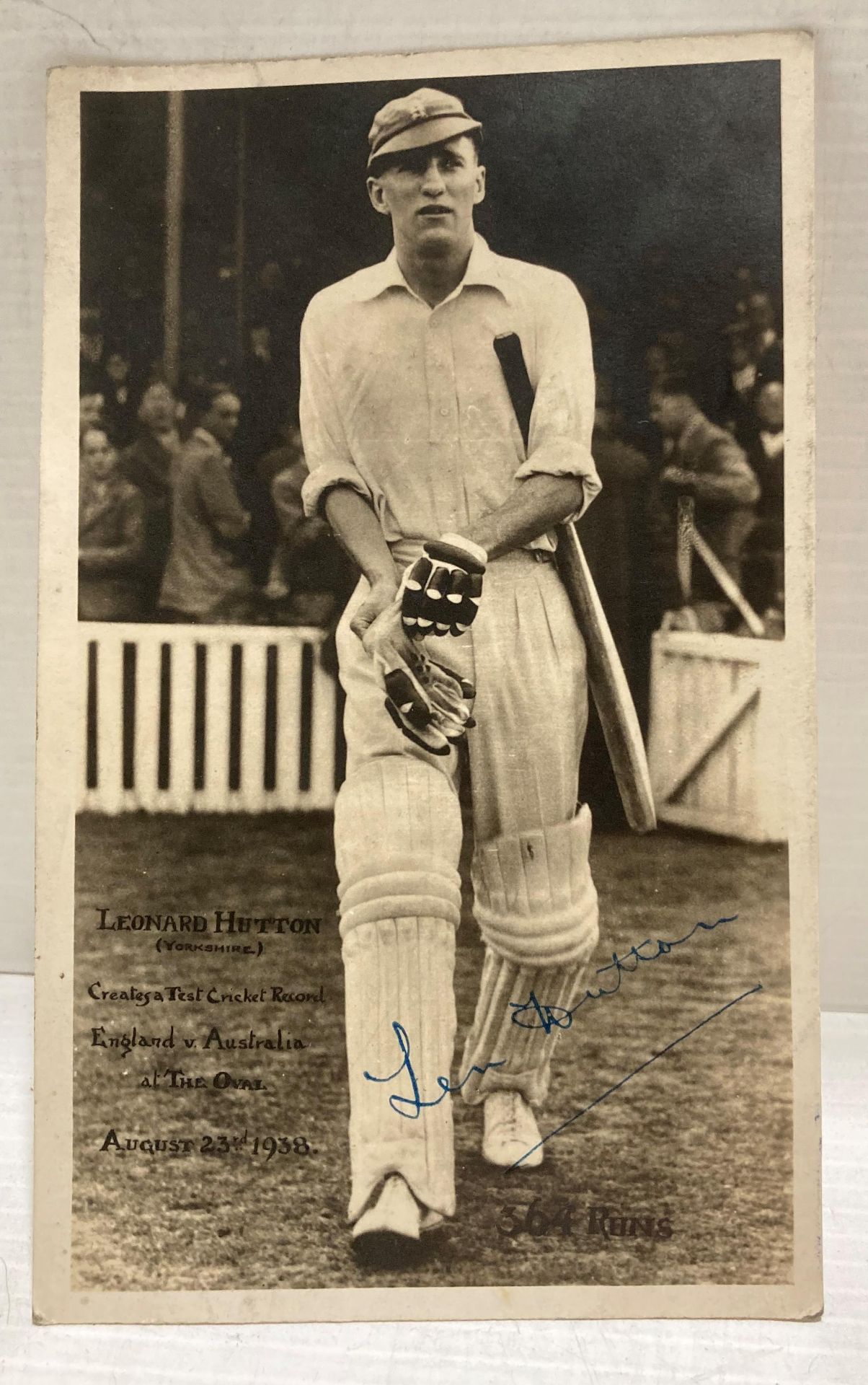 Len Hutton postcard - signed to the front - Leonard Hutton (Yorkshire) creates a Test Cricket